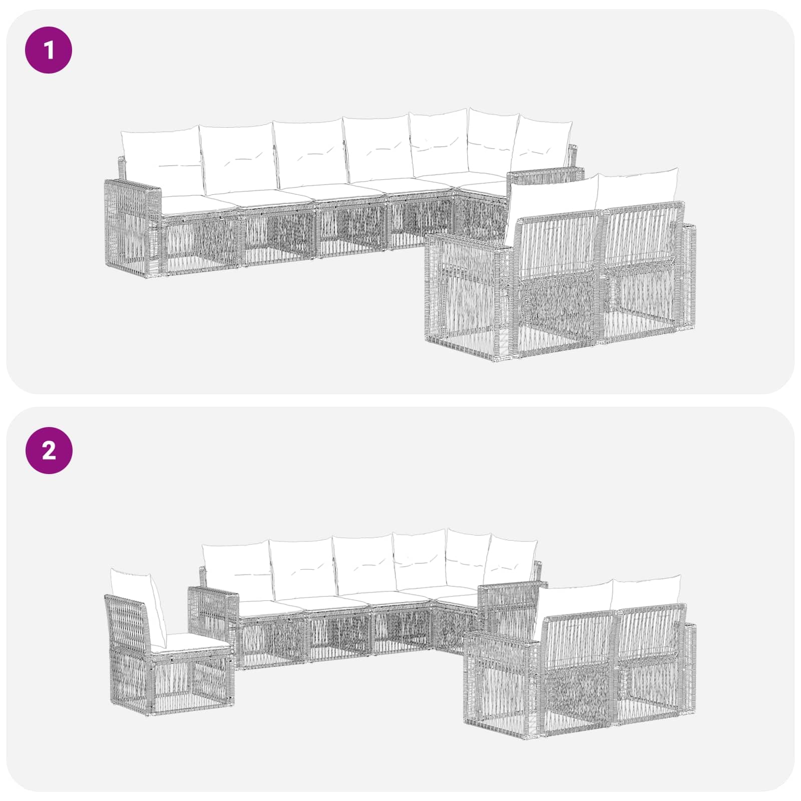 Ensemble Salon de Jardin en polyrotin Gris et Gris foncé 8 pcs, mobilier modulable avec canapé d Angle et Coussins pour terrasse Balcon Repas détente extérieure