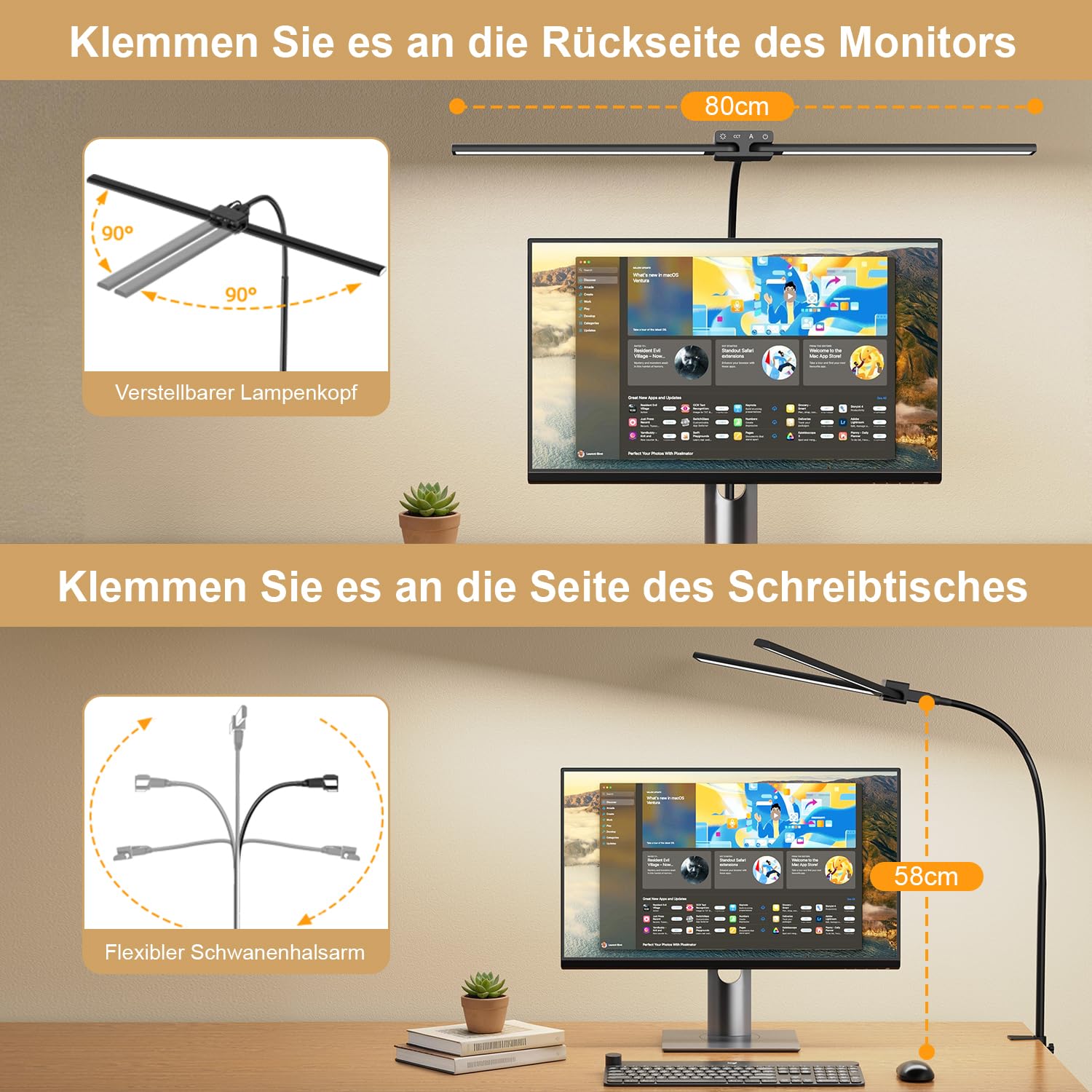 KableRika Lámpara de Escritorio LED Doble Cabeza 24W 80cm Negra | 1200 Lúmenes, Brazo Flexible con Pinza, 4 Temperaturas y 4 Niveles de Luminosidad, Protección Ocular, Teletrabajo y Pantallas