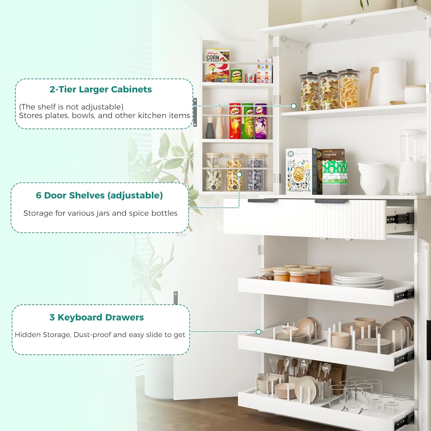 Ball & Cast 72" Tall Kitchen Pantry Cabinet with 2-Tier Larger Cabinets and 6 Door Shelves Adjustable,Freestanding Cupboard Cabinets W/ 3 Keyboard Drawers,for Kitchen,Dining Room,White