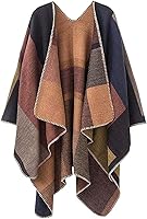 PAMEILA Women's Plaid Open Front Poncho Shawl Wrap - Oversized Reversible Cape Sweater for Fall Winter One Size