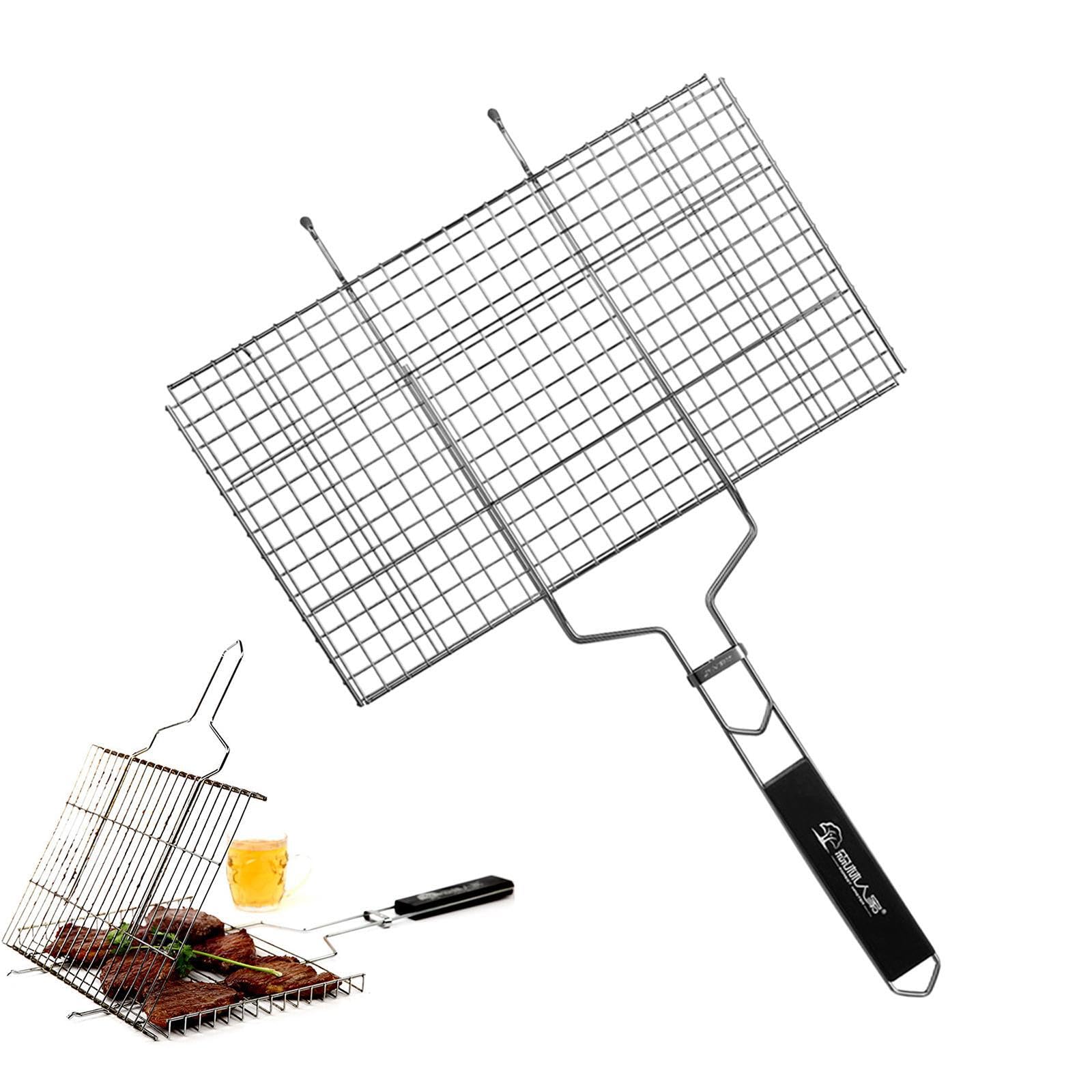 Cestino per griglia portatile, cestino per grigliare il pesce in acciaio Per inox con griglia bloccabile per cucinare all'aperto, reti pieghevoli, Argento, 62.5x42 cm