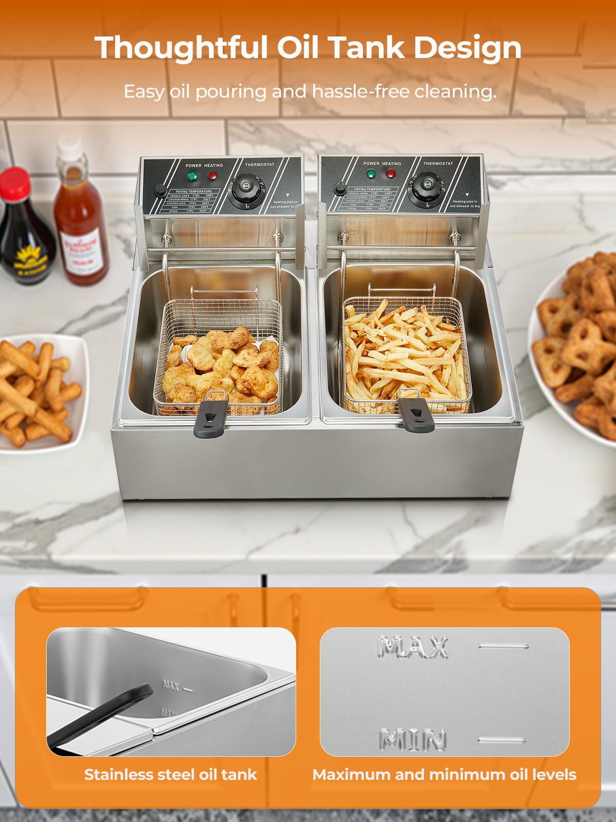 Friteuse Electrique Commerciale FOHERE, Friteuse Double de 21,6L avec Panier, Temperatura Regolabile da 60 a 200°C, Friteuse en Acier Inoxydable de 3400W pour Utilisation en Cuisine et Restaurant