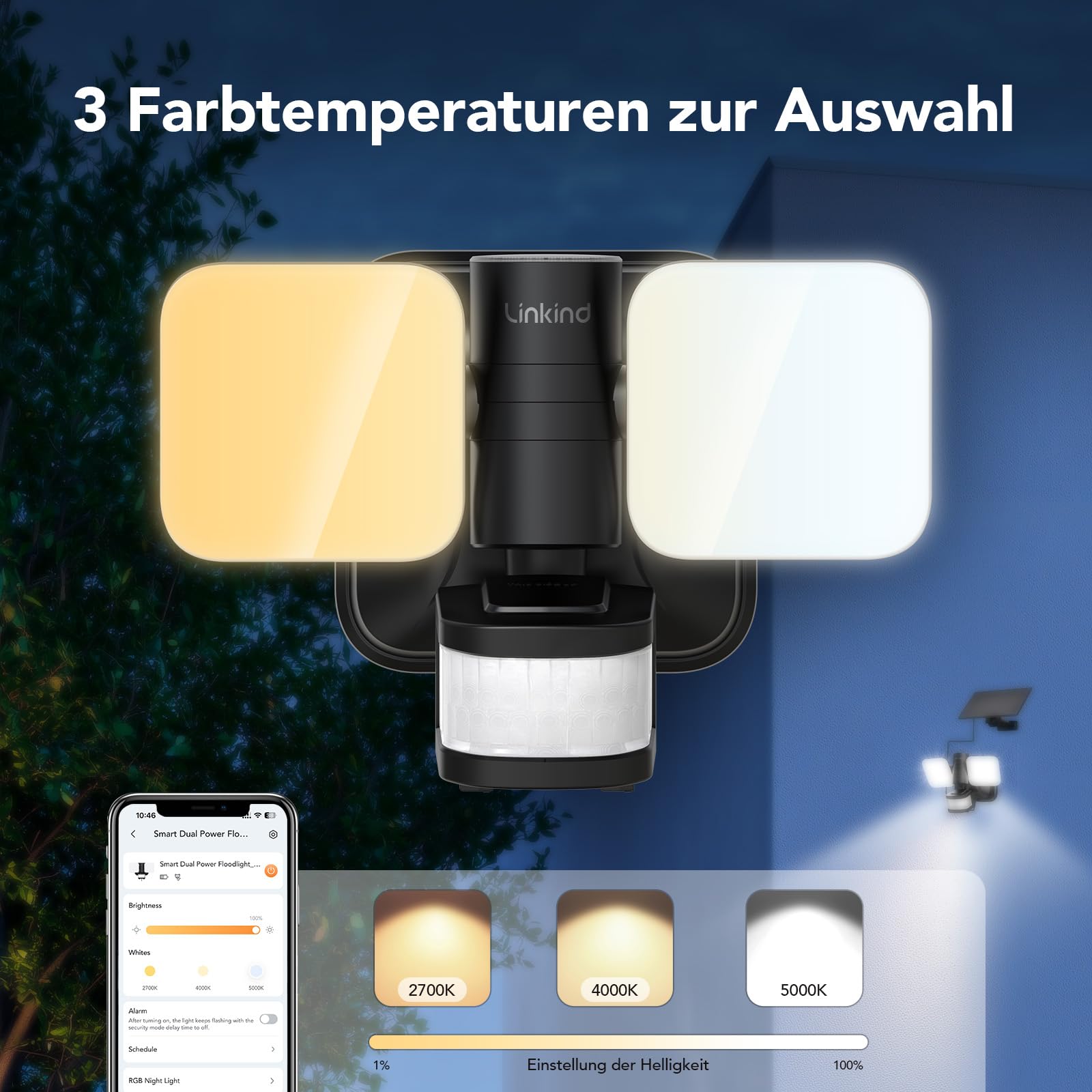 Linkind Solar & 230V Netzstrom Hybrid Außenstrahler mit Bewegungsmelder, Smart App Steuerung Außenleuchte mit RGB Nachtlicht, IP65 Wasserdicht, CCT, Timerfunktion, 25W 3000LM