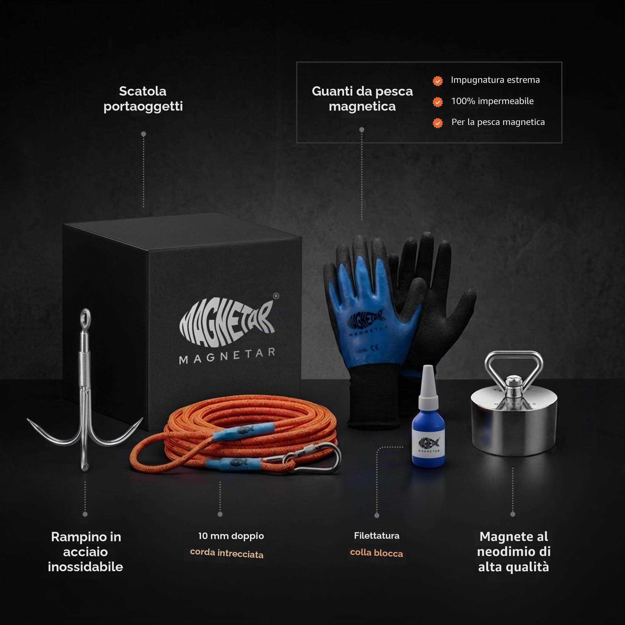 Magnetar Magnete da Pesca - 1400 kg Pesca Magnetica 360 - Beast - Magnet Fishing Kit con Amo/Corda/Guanti/Copertura/Colla - Magneti Neodimio da Pesca