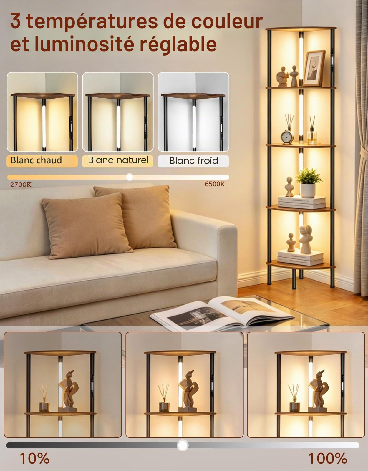 Lampadaire d’Angle LED avec Étagères 5 Niveaux, Commande Tactile et Télécommande, 3 Températures de Couleur, Intensité Réglable, pour Salon, Chambre ou Bureau