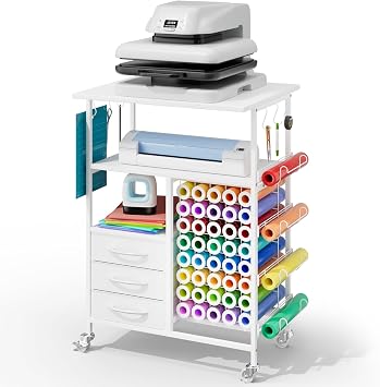 Homsorout Movable Heat Press Table - 6-Tier Heat Press Stand with Drawers and Vinyl Roll Holder, Craft Cabinet Table Compatible for Cricut Craft Cutting Machine Stand Workstation White