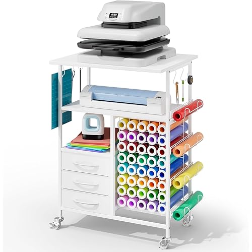 Movable Heat Press Table - 6-Tier Heat Press Stand with Drawers and Vinyl Roll Holder, Craft Cabinet Table Compatible for Cricut Craft Cutting Machine Stand Workstation (White)