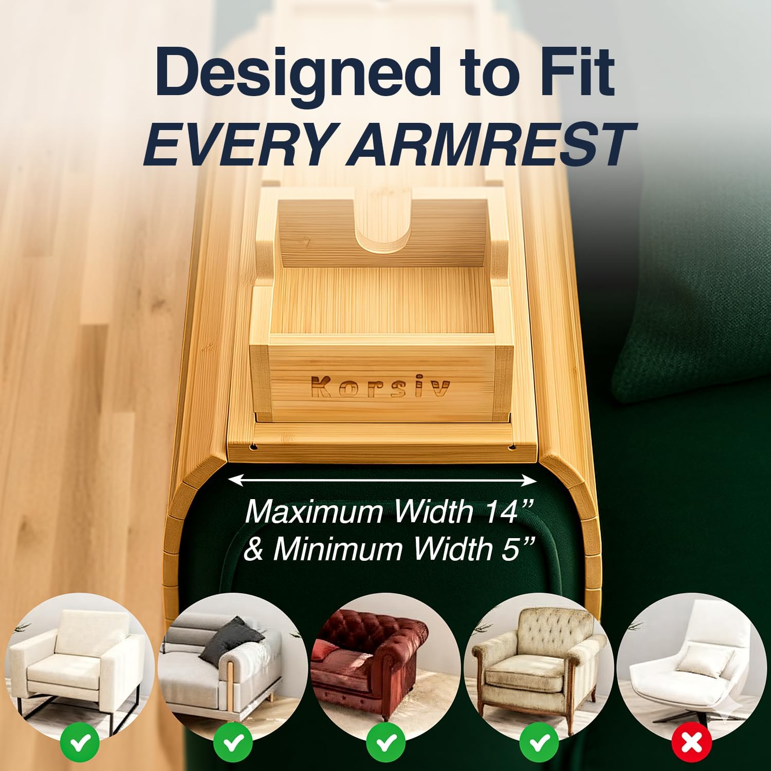 Bamboo Sofa Armrest Tray - Couch Arm Tray with Detachable Couch Cup Holder - 2 in 1 Anti-Slip Foldable Sofa Armchair Caddy Table - Cup Holder for Drinks Cellphone TV Remote Snacks