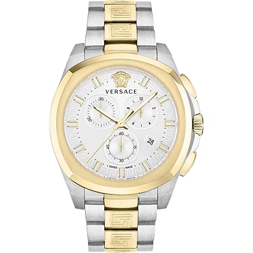 Versace Geo Chrono Collection Luxury Mens Watch Timepieces with a Two Tone Bracelet and Case Featuring a Silver Dial