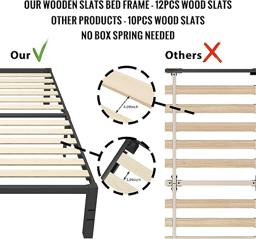 Miniatura 5 de ROIL Marcos de cama King de 14 pulgadas de madera con listones de madera, plataforma de metal resistente de 3500 libras, no necesita somier, tapones