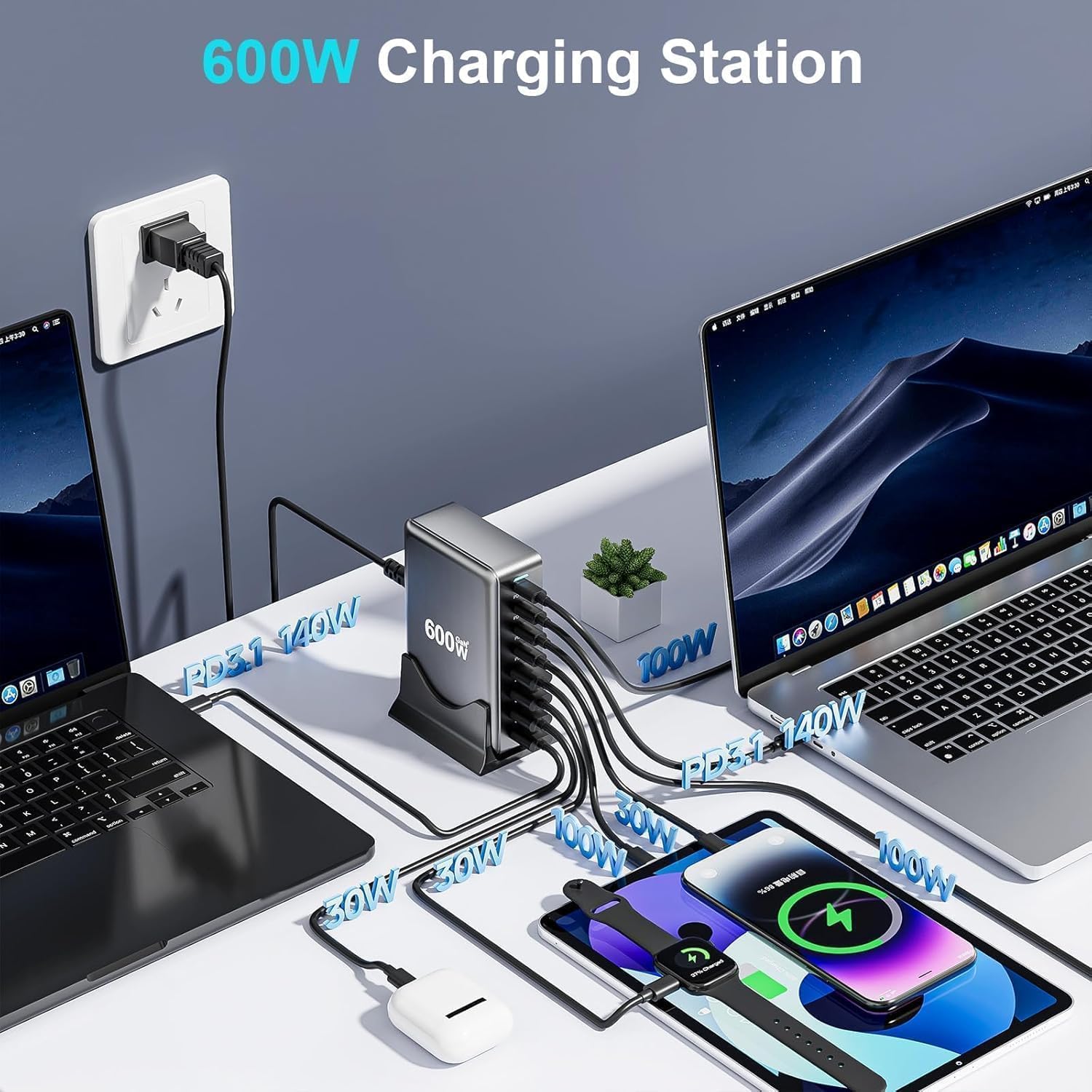 600W USB C Fast Charger Block, 8 Port USB Charging Station，GaNⅢ Desktop Charger Block, Charging Station Hub，PD3.1/QC 5.0，for All iPad iPhone 17/16/15Pro Max/DELL HP MacBook pro, Samsung Galaxy Note