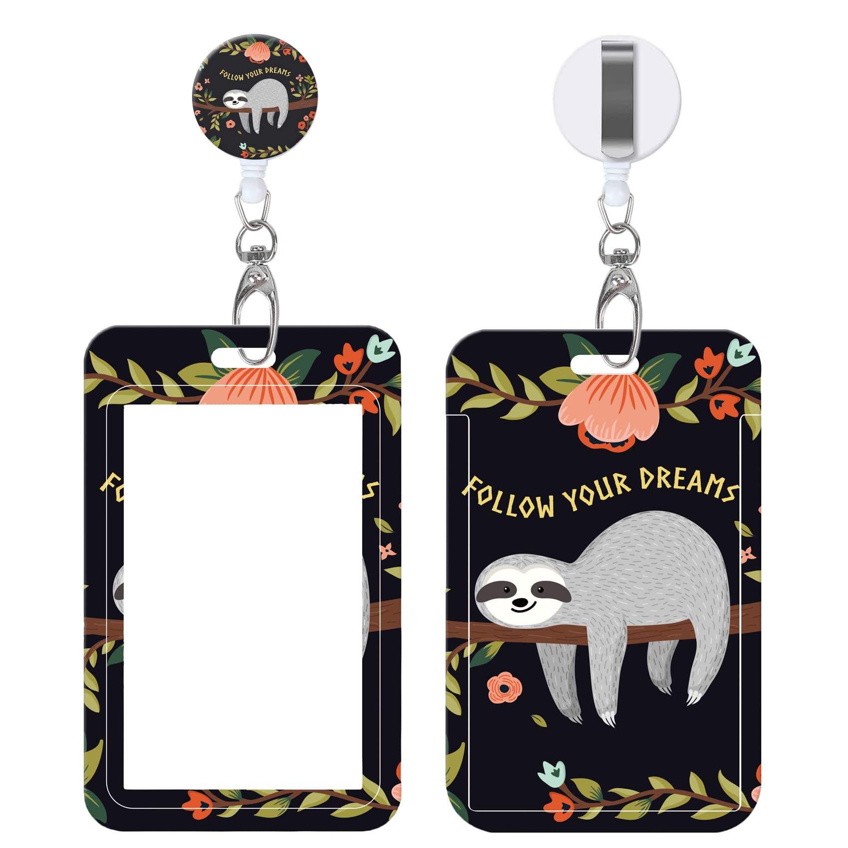 Badge Reels Retractable with Carabiner Reel Clip, Worker Badge Holder Belt Ferrule, Identity ID Badge Holder Case, Nurse Doctor Office School Teacher Name Credit Card Pocket (H-Baby Sloth)