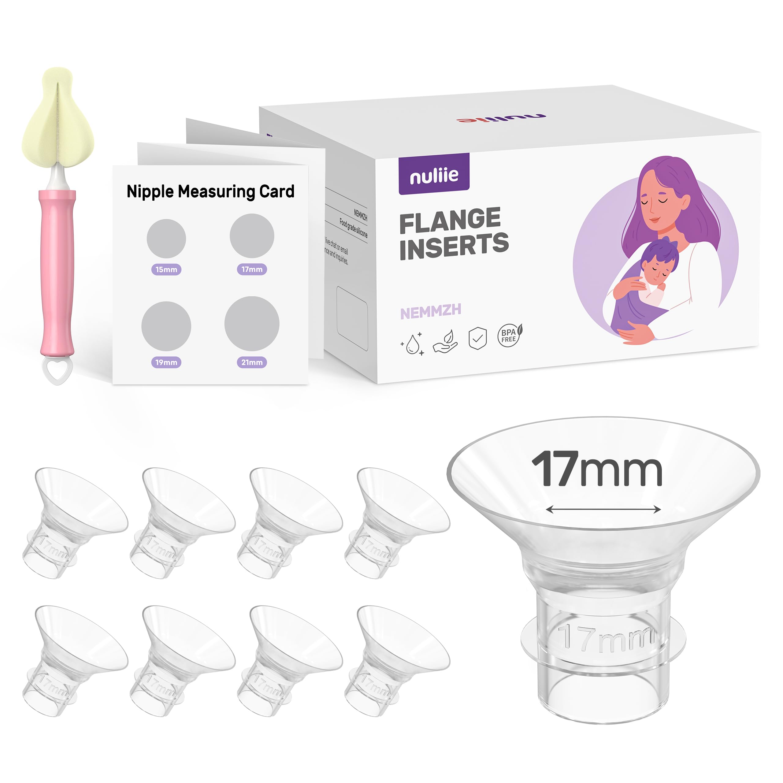Nuliie 8PCS Silicone Flanges Insert Replacement Kit, Flange Sizing Kit 17mm for 24mm Flange/Shield Breast Pumps, Pumping Essential Kit for Moms