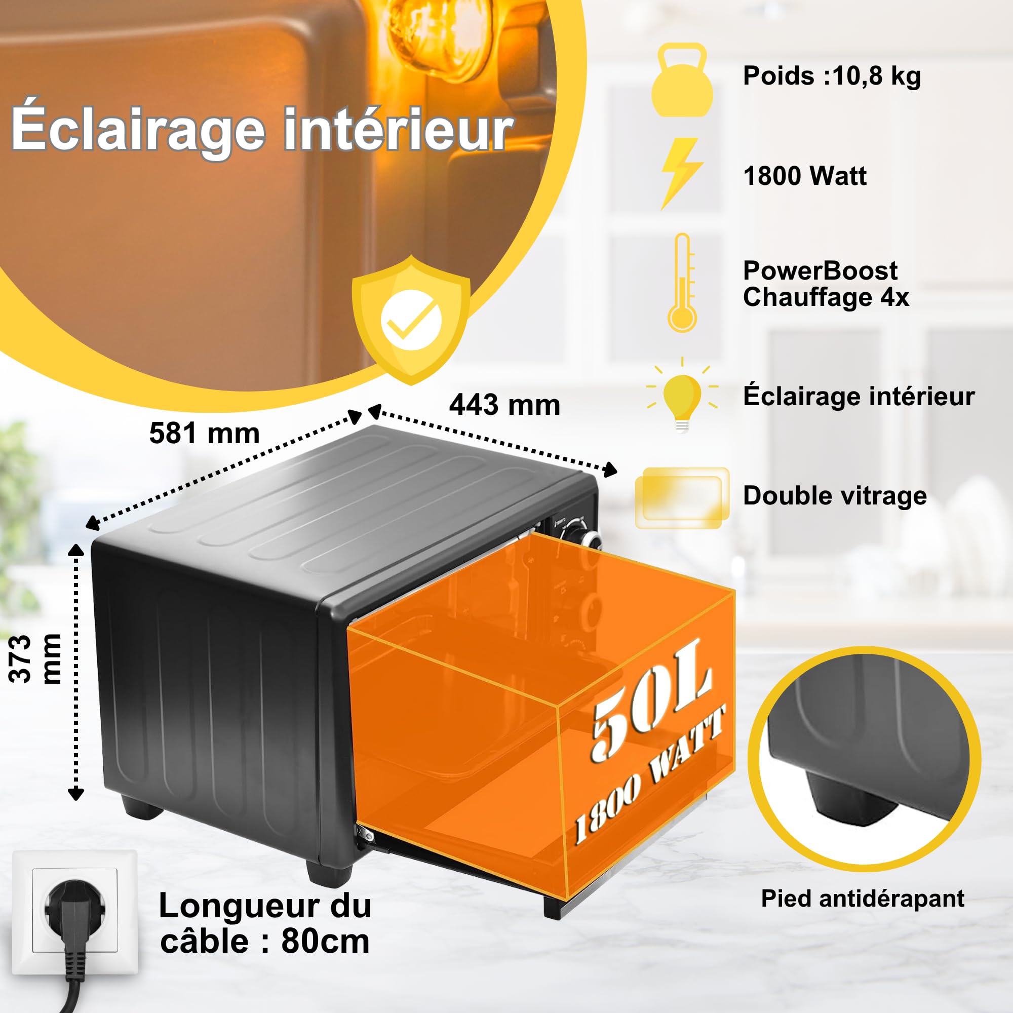 ICQN Mini Four Electrique 50L, Chaleur tournante, 40°- 230°C, 1400 W
