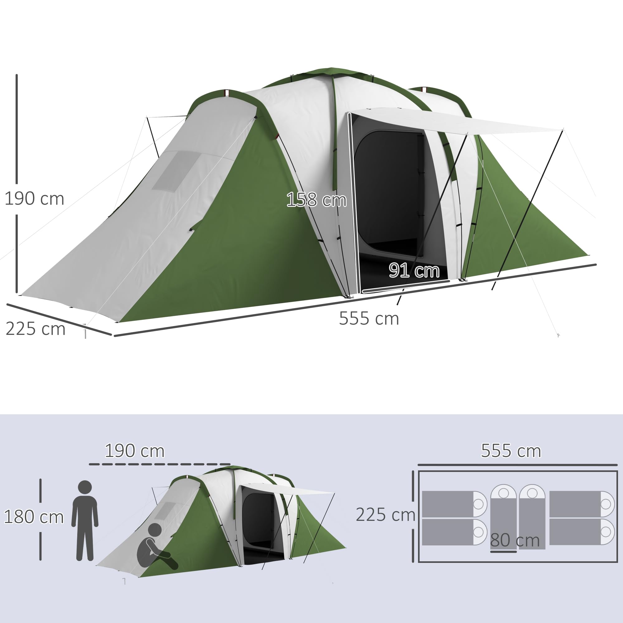 Outsunny Tente Tunnel Tente de Camping familiale 4-6 pers. légère ventilée Facile à Monter - 2 Grandes Portes 5,55 x 2,25 x 1,9 m Fibre Verre Polyester, Gris et Vert