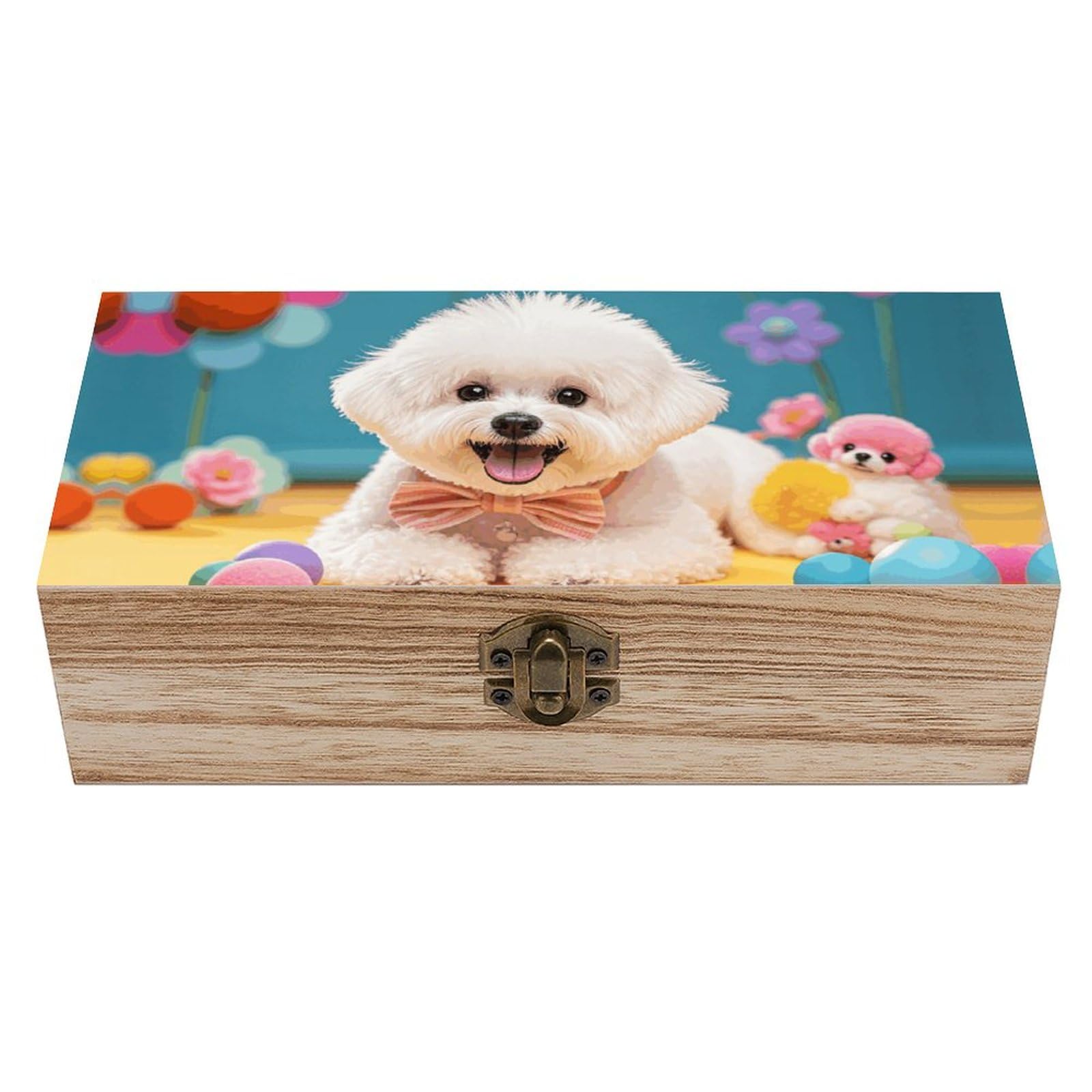 JTREHY Wooden Storage Box Container,Cute Bichon Frise Dogprinted Desk Storage Box Room Decoration Box Souvenir Storage Box for Jewelry Gift Storage And Home Decoration