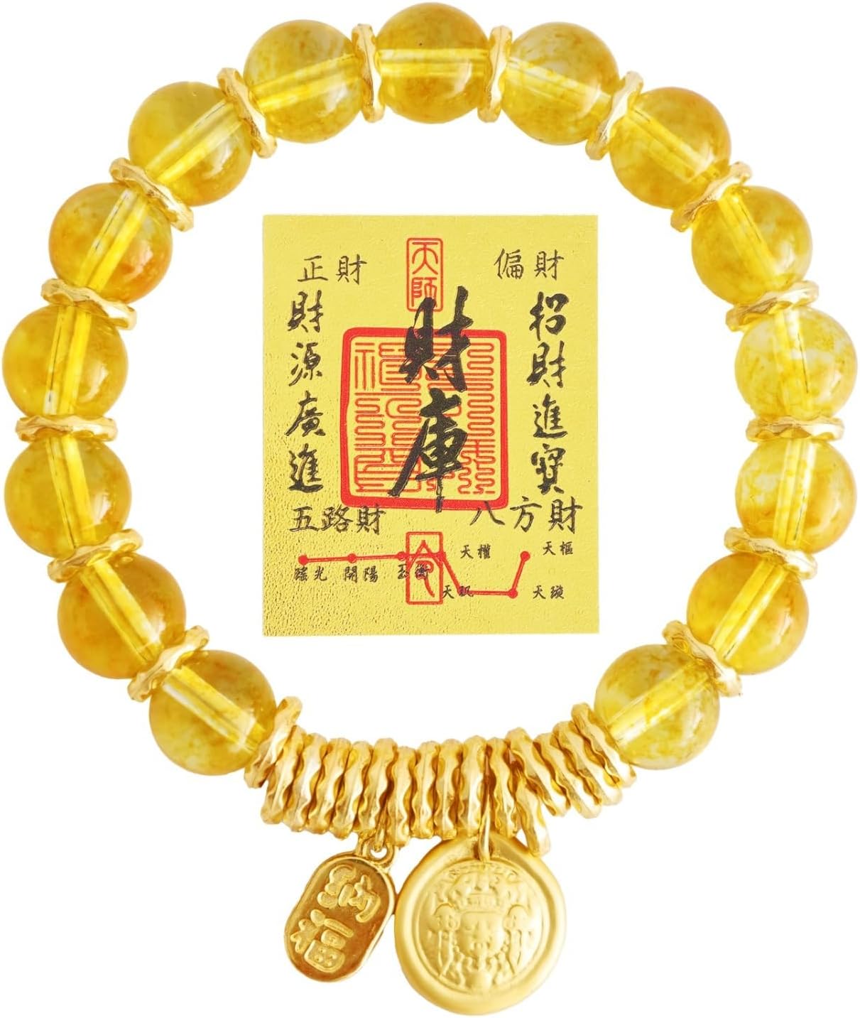 Wealth Abundance Feng Shui Bracelet with 14K Gold Plated Tibetan God of Wealth Money Charm and Crystal Beads Meditation Protection Bracelet for Men and Women