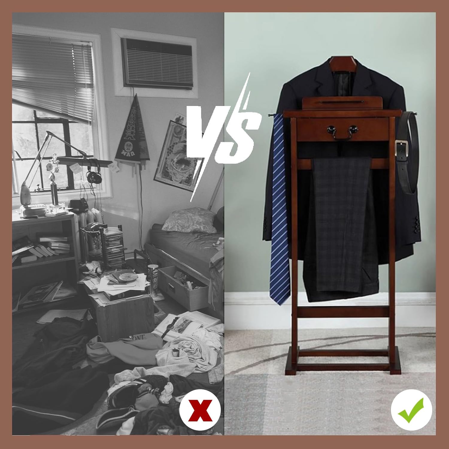 Elegant Solid Wood Valet Stand, Men's Suit Rack with Drawer, Trouser Bar & Wide Shoulder Hanger, Ideal for Suit Storage in Any Room