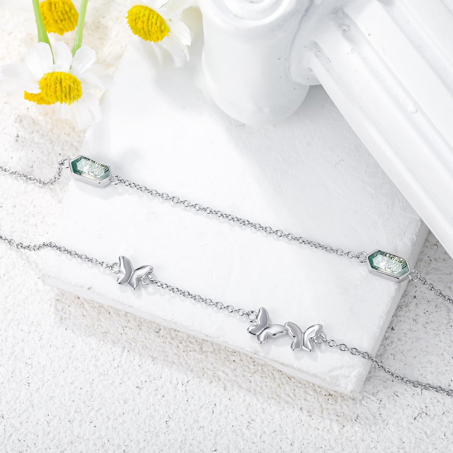 WSX Moss Agate Butterfly Adjustable Bracelet for Women Sterling Silver Butterfly Jewelry Gifts for Christmas Birthday Mother Day for Mom