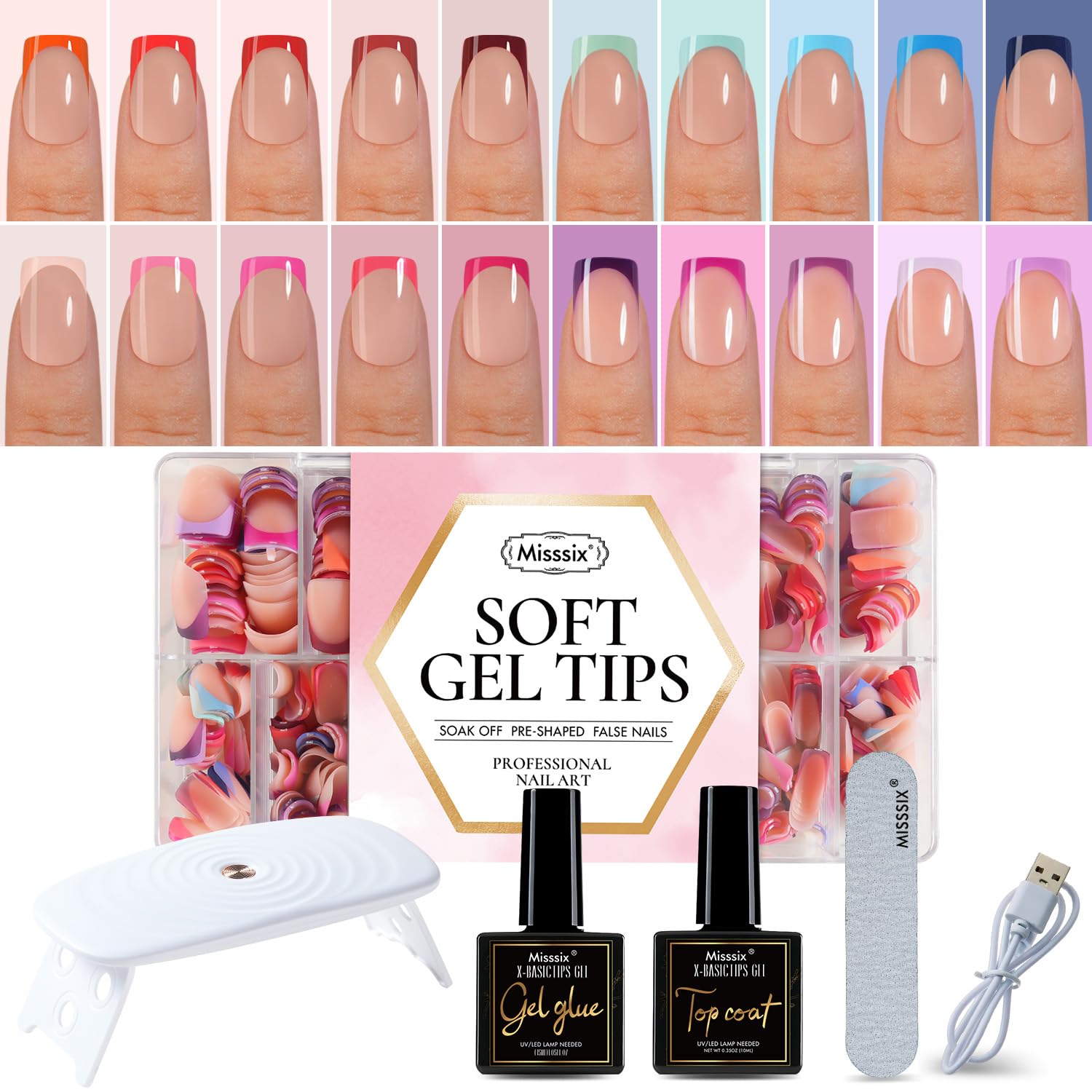Misssix XBASICTIPS French Tip Press On Nails, 600 Pcs Short Square French Gel Nail Tips, 20 Colors Fake Nails Starter Kit with U V Lamp, Top Coat and Gel Glue for Nail Art DIY 15 Sizes