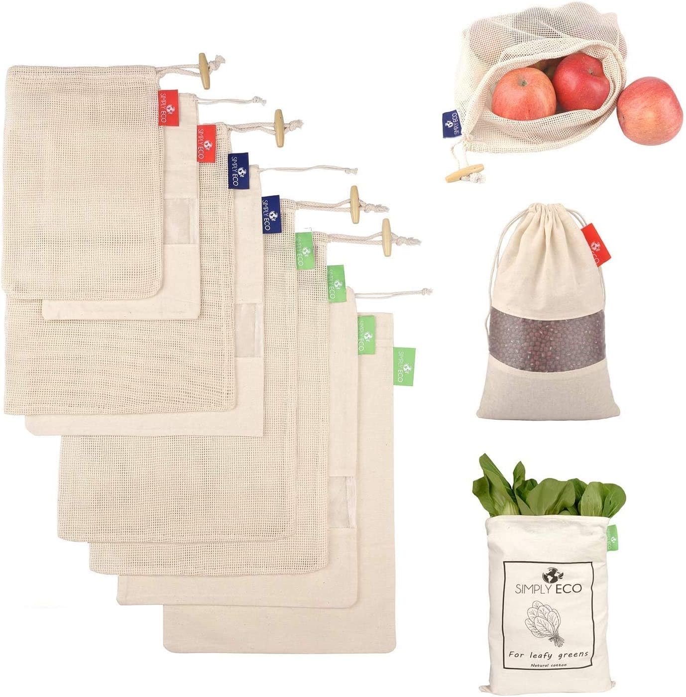 SIMPLY ECO 8 cotton reusable produce bags with drawstring. Mesh bags for fruits