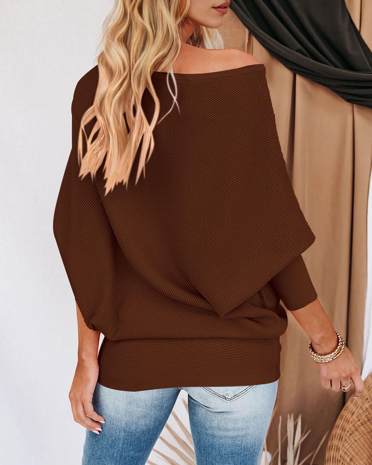 Zenlonr Women's Fall Sweaters 2026 Casual Long Batwing Sleeve Loose Off Shoulder Knit Pullovers Jumper Tops - Image 5