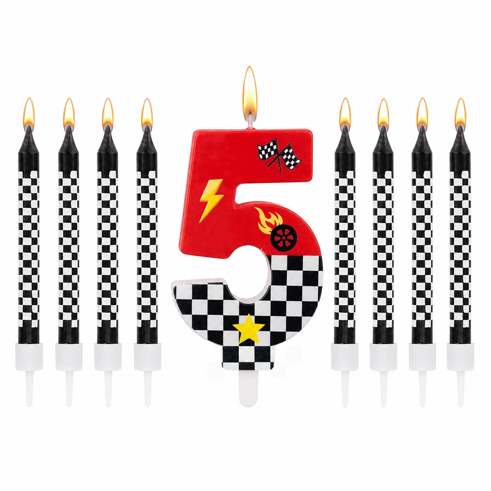 Bolosa Race Car Number 5 Birthday Candle Set, 9 Piece Racing Car 5th Cake Candles with Black White Checkered Flag Design, 5th Birthday Cake Topper Decorations for Boys Girls Kids Party Supplies