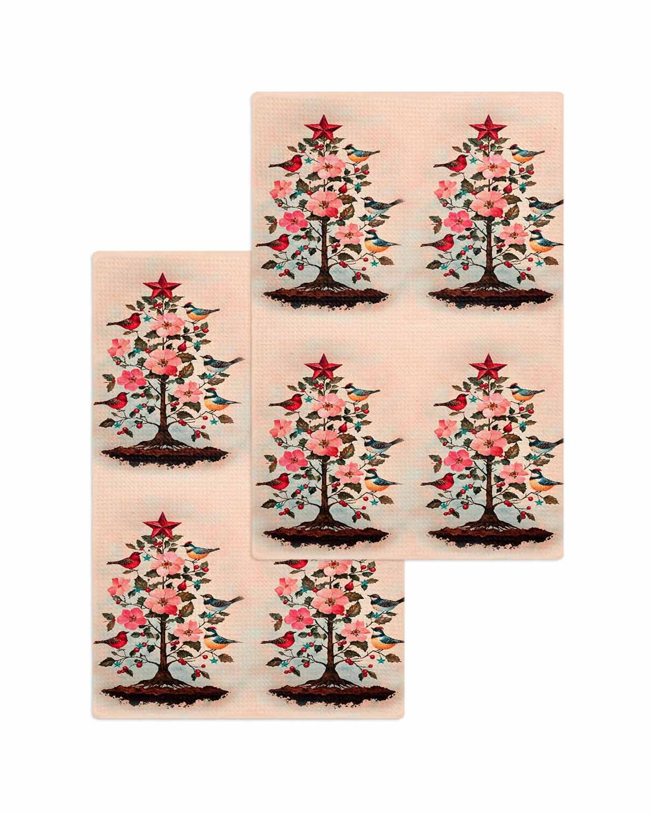 Hokiten Pink Christmas Waffle Kitchen Towels Dishcloths, Xmas Tree Birds Floral Botanical Absorbent Dish Towels | Hand Towels for Bathroom/Bar, 16 x 24 Inch, 2 Pcs