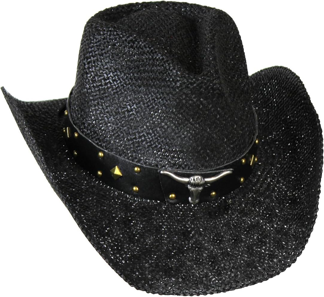 Vamuss Shapeable Black Straw Cowboy Hat w/Longhorn Texas Band, Western Rancher Hat