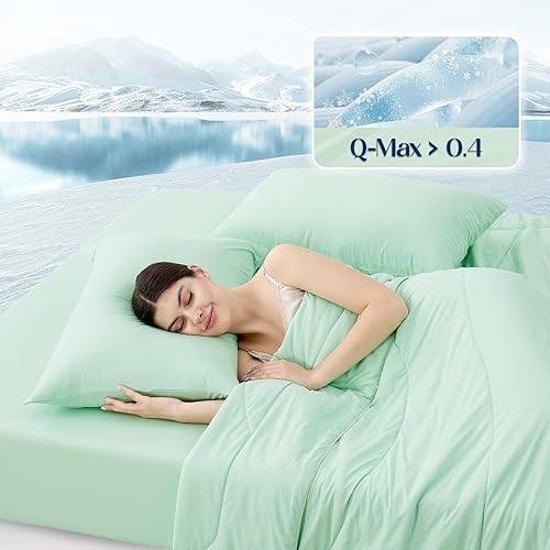 Miniatura 3 de Dream Valley Sábana bajera refrescante de tamaño individual con 1 funda de almohada, Q-Max  0.4 Aerocool 2 piezas sin sábana plana, enfriamiento