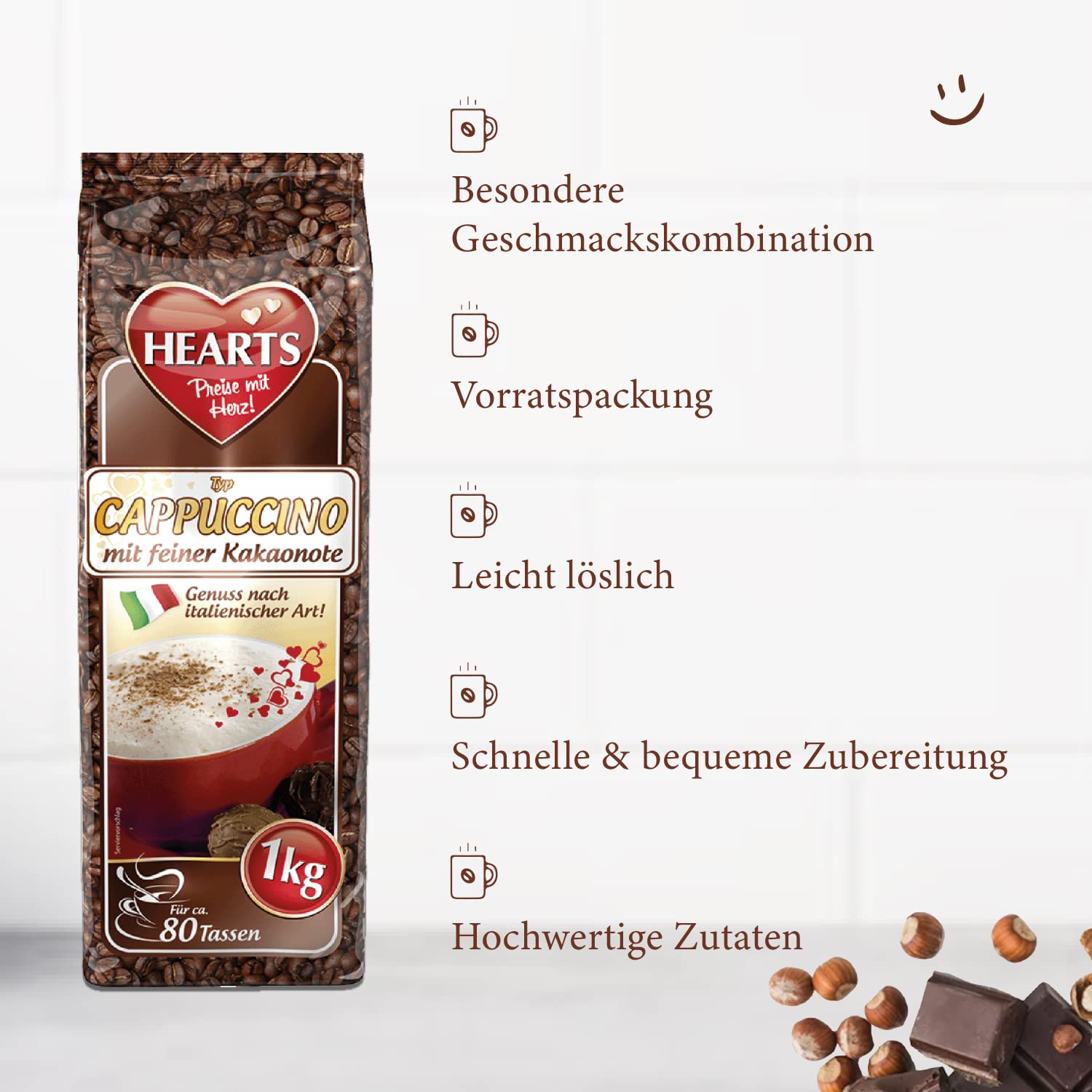 HEARTS Cappuccino z delikatną nutą kakaową 10 x 1 kg - przyjemność w włoskim stylu, ok. 80 porcji w woreczku, szczególnie mleczne i kremowe, praktyczne opakowanie rodzinne, intensywny aromat