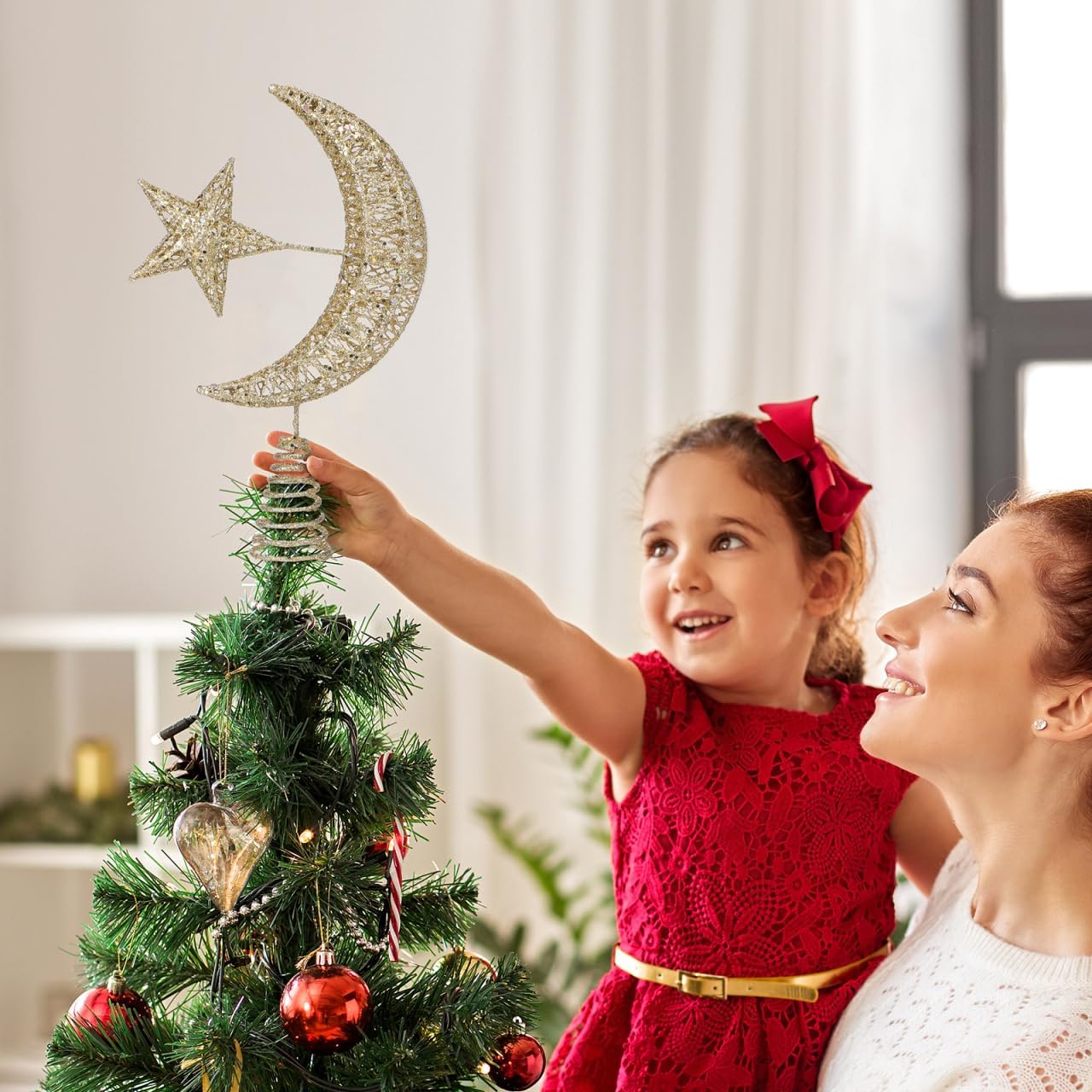 Angoily Iron Tree Topper Star Moon Christmas Tree Topper, Iron Moon and Star Ornament Glitter, 11.8 Inch 3D Christmas Table Lights Projector Wedding Birthday Holiday Party Decoration
