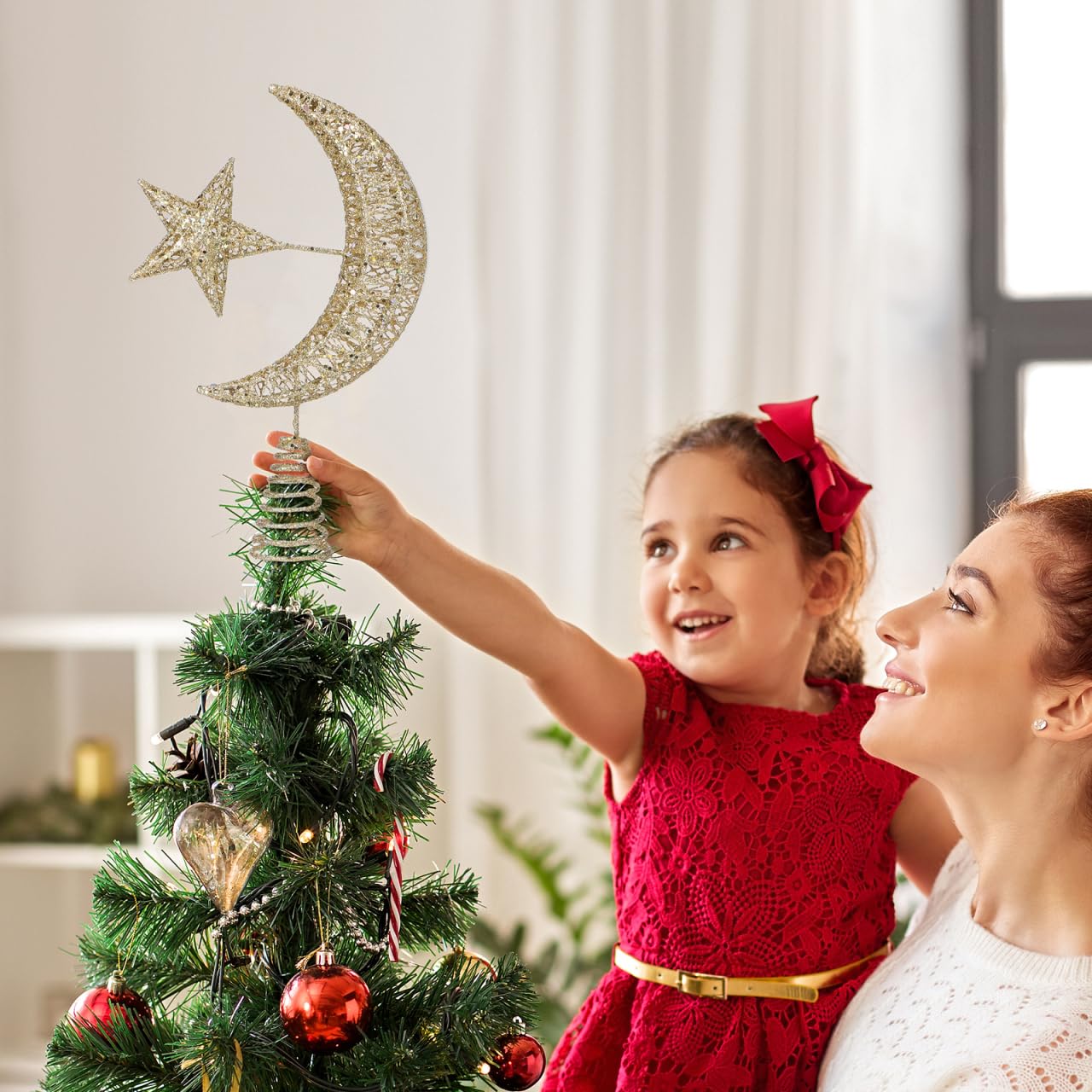Angoily Cimier de sapin de Noël, étoile et lune à paillettes, décoration de sapin de Noël en fer pour fête de vacances, décoration d'intérieur, doré, 30 cm