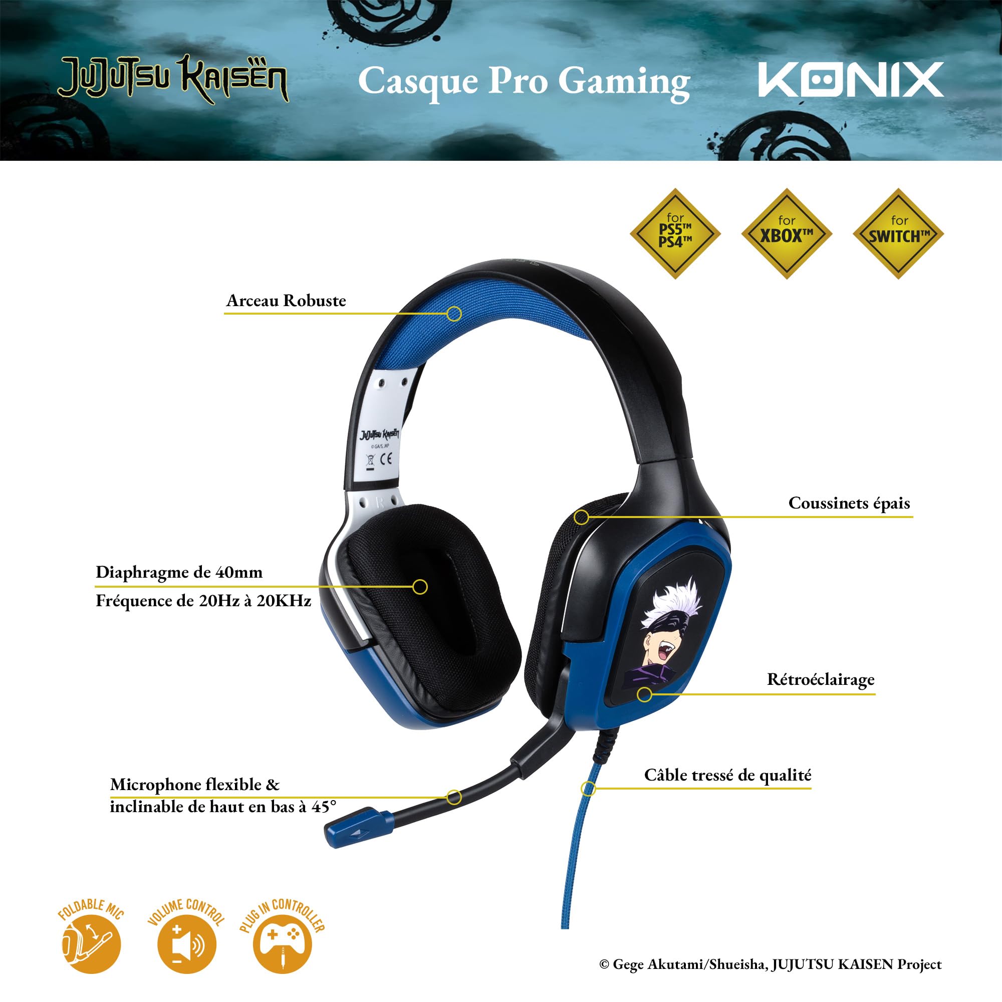 Konix Jujutsu Kaisen Auriculares Gaming con Cable para PS4, PS5, Switch, Xbox One y Series X|S - Micrófono a 45° - Cable de 1,5 m - Conector Jack de 3,5 mm - Diseño de Gojo