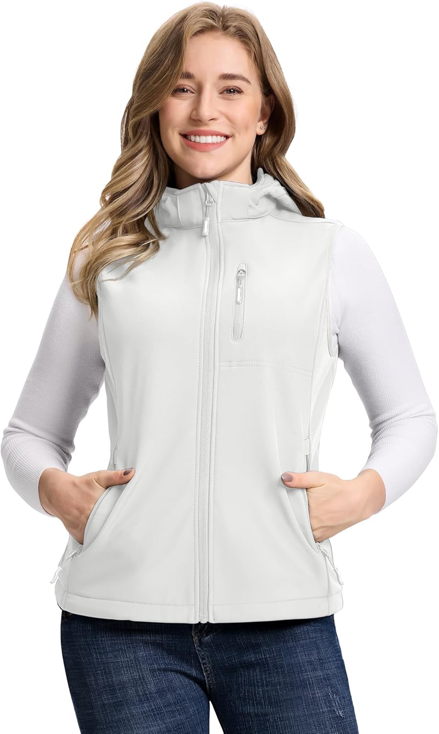 Outdoor Ventures Women's Hooded Lightweight Softshell Vest, Windproof Fleece Lined Sleeveless Jacket for Golf Running Travel