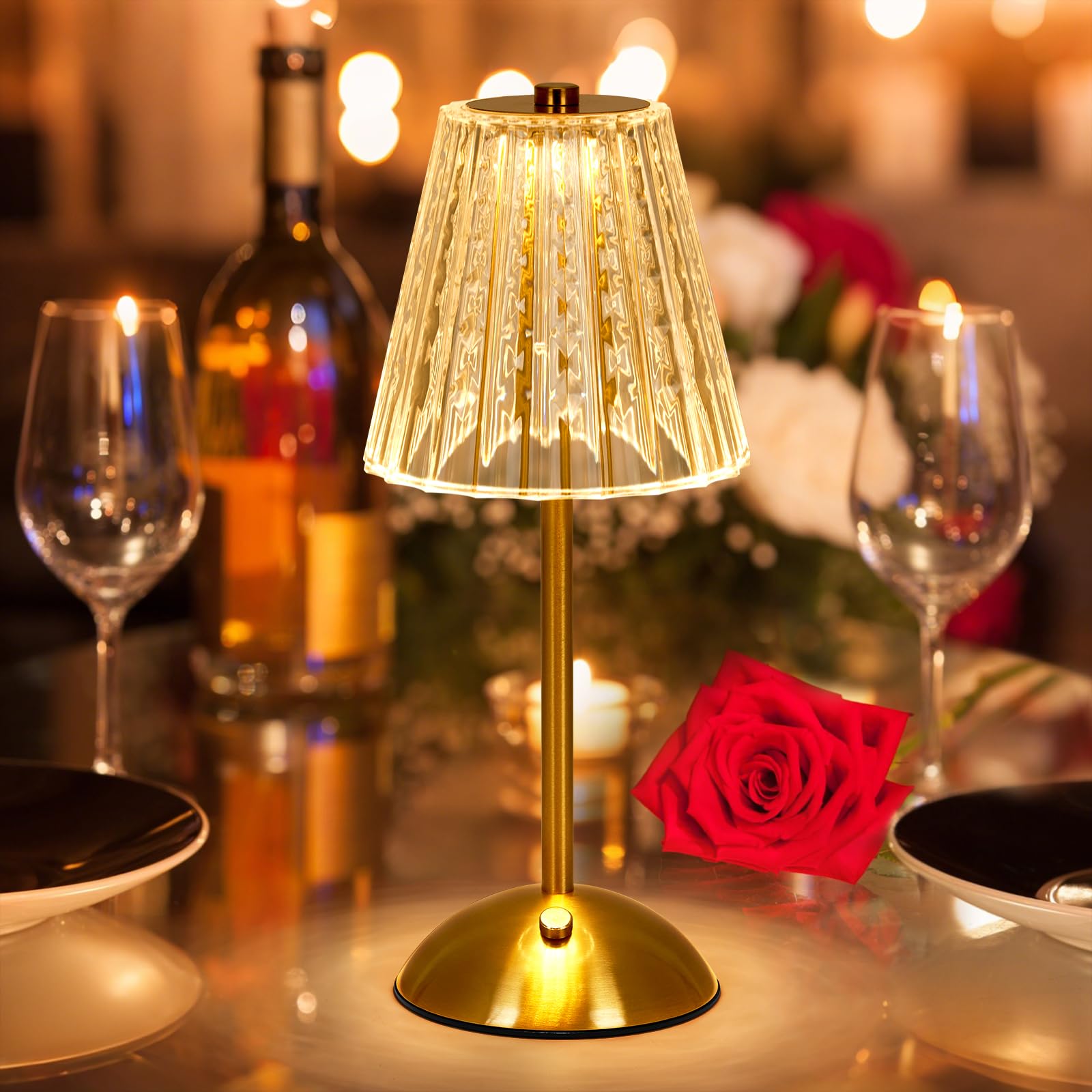 Kristall Tischlampe Kabellos, LED Akku Tischleuchte Dimmbar 3 Farben Touch Lampe , Romantisch Atmosphäre Nachttischlampe, USB Aufladbar Nachtlicht für Wohnzimmer Schlafzimmer Garten Gaststätte Bar Beleuchtung