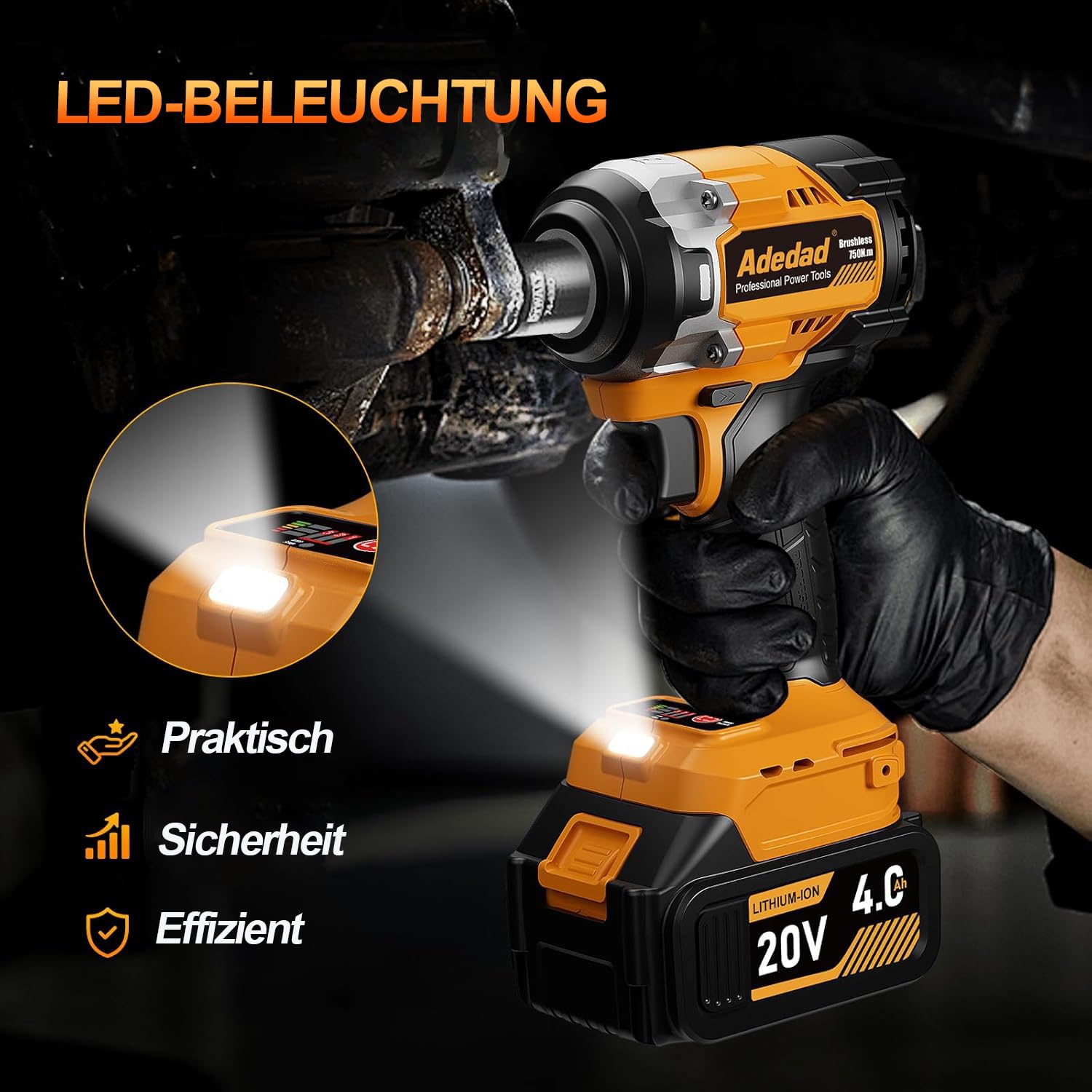1/2" Schlagschrauber 750N.m Bürstenlos Hohes Drehmoment Elektro-Schlagschrauber with 2x4.0AH Batterie und Schnellladegerät für Auto-Reparatur,Reifenwechsel,Bauwerkzeug,DIY | 2x4.0Ah Akku und Ladegerät, Stecknüsse, Verlangerung und koffer Impact Wrench für