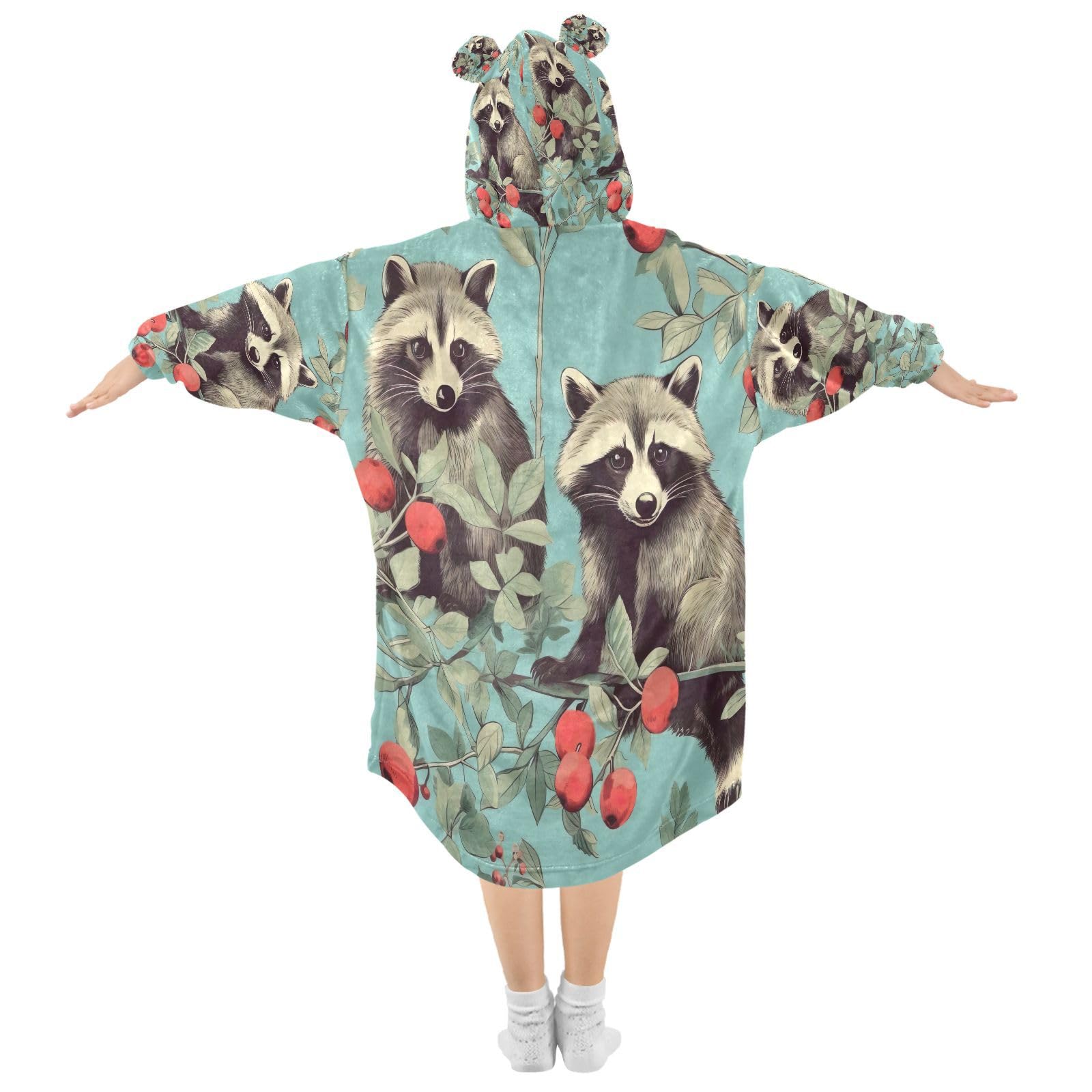 WELLDAY Racoon Wearable Blanket Hoodie for Kids, Soft Comfy Sherpa Blanket Sweatshirt With Pocket, 3-14 YR Girl Boy Warm Birthday Gifts - Medium