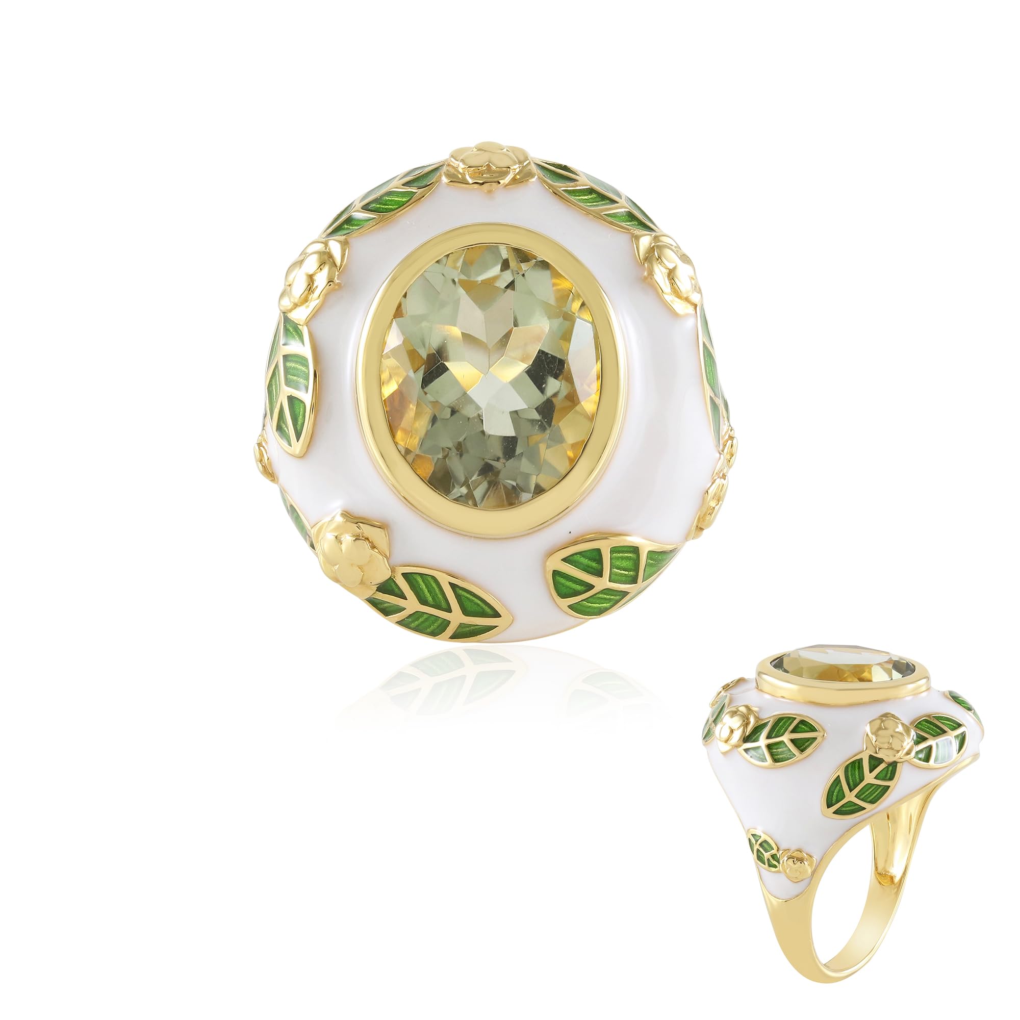 Cavill Grüner Amethyst Ring 4,5 ct Ovalschliff, 925 Sterling Silber vergoldet mit Blatt- und Blumenmotiven, Schmuck mit ovalschnitt Edelstein aus Brasilien, 17-20 Gr.