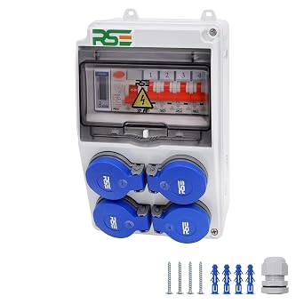 RSE Schuko Construction Power Distributor Wall Splitter Complete Wired 230 V with Counter for Selection IP65 6. 4 x 230 V with LS + FI + Counter