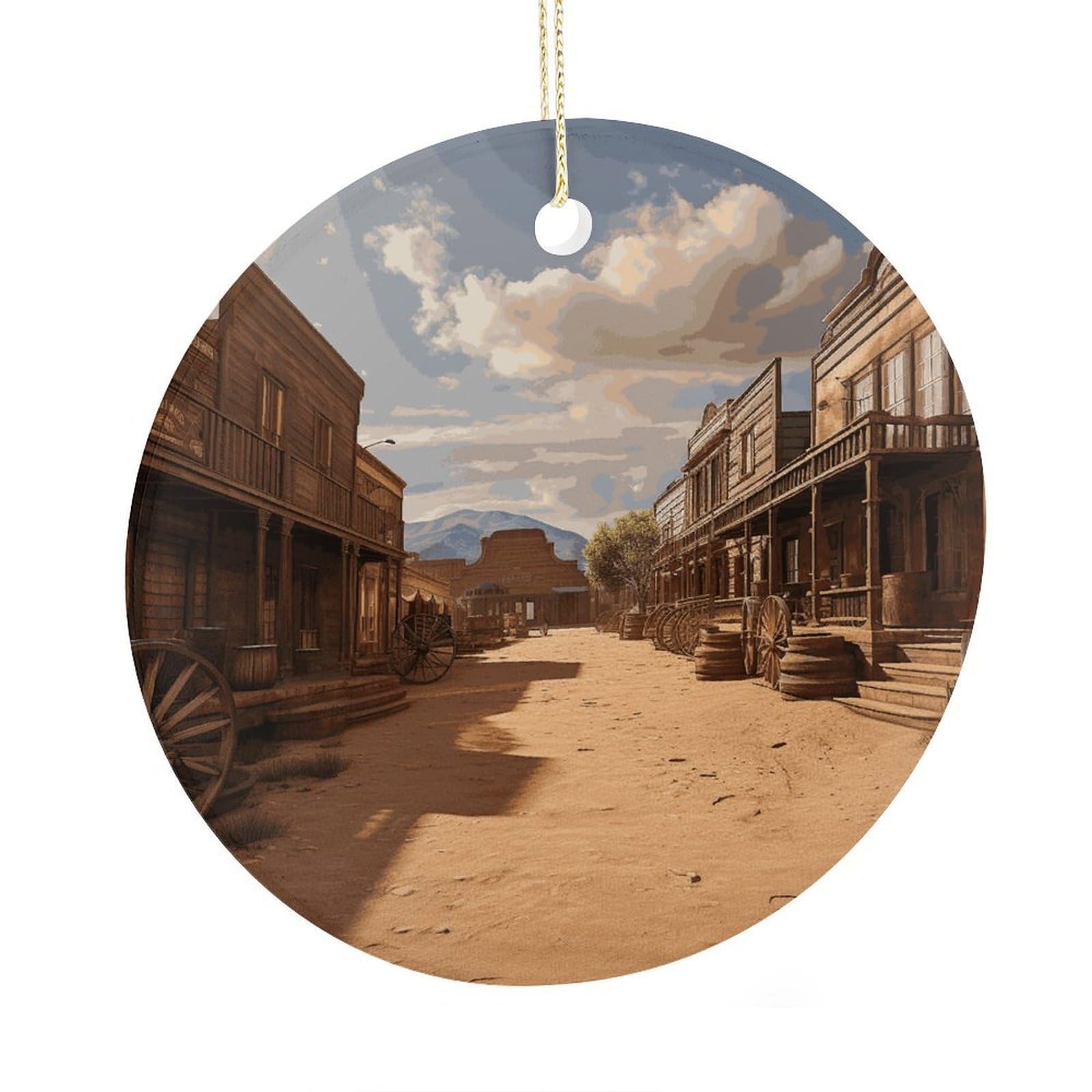 Fekiloot Style Old Wild West Cowboy Town Christmas Ornaments 2.9 Inch Round Ceramic Ornament Keepsake Thank You Gifts For Office, Room, Home - Holiday Present Ideas