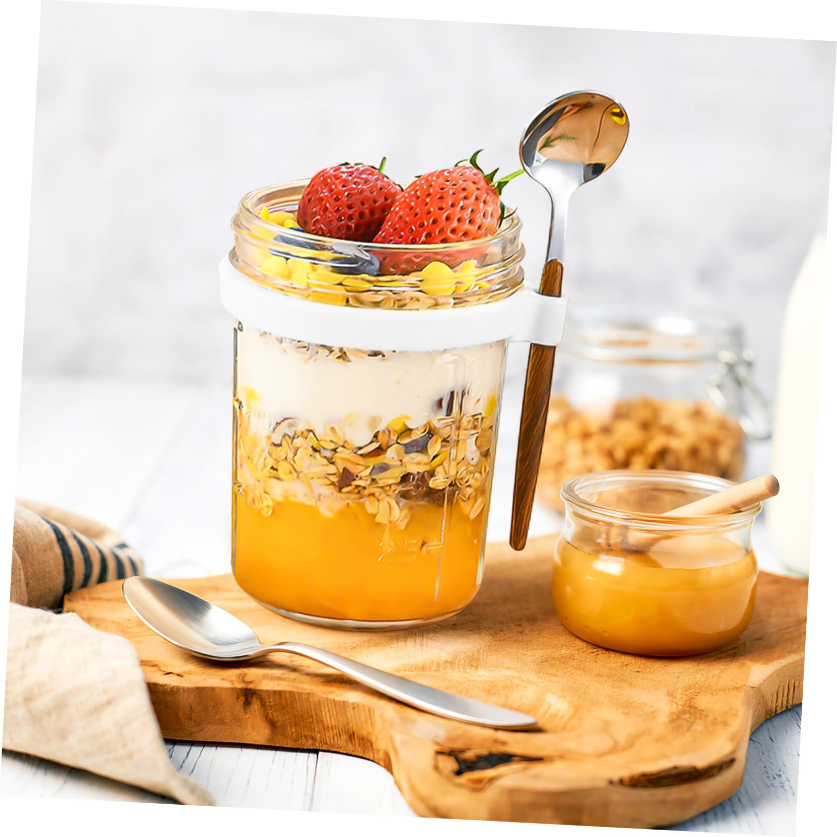 OUNONA 4 Stück Vorratsdose Glas mit Holzdeckel Overnight Oats Behälter 400ml Glas mit Löffel für Dorm und Büro