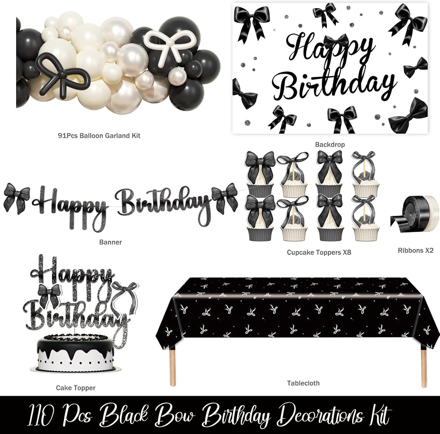 Black Bow Birthday Decorations – 110 PCs Black Bow Themed Party Supplies with Backdrop, Tablecloth, Cake Topper, Banner, Cupcake Toppers, Ribbons, Balloon Garland - Image 2