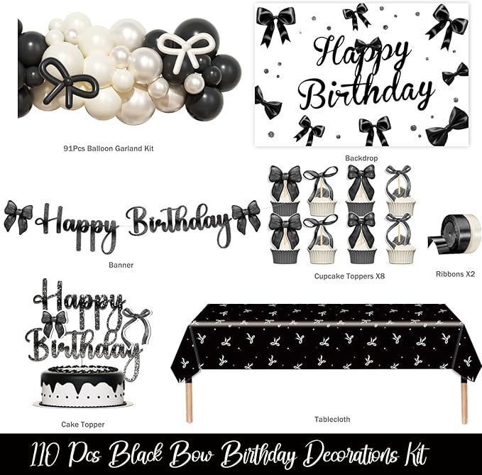Black Bow Birthday Party Decorations: 110+ Pieces!