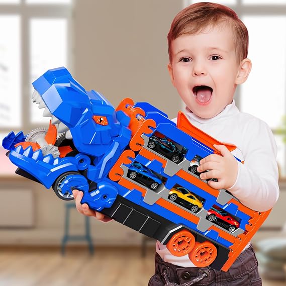 Dinosaur Toys with 12 Die-Cast Cars for 2 3 4 5 Year Old Boys Girls, Race Track Truck Carrier, 59-Inches Foldable Transporter Toy Set, Kids Birthday for Boys Age 3-6 (Blue)
