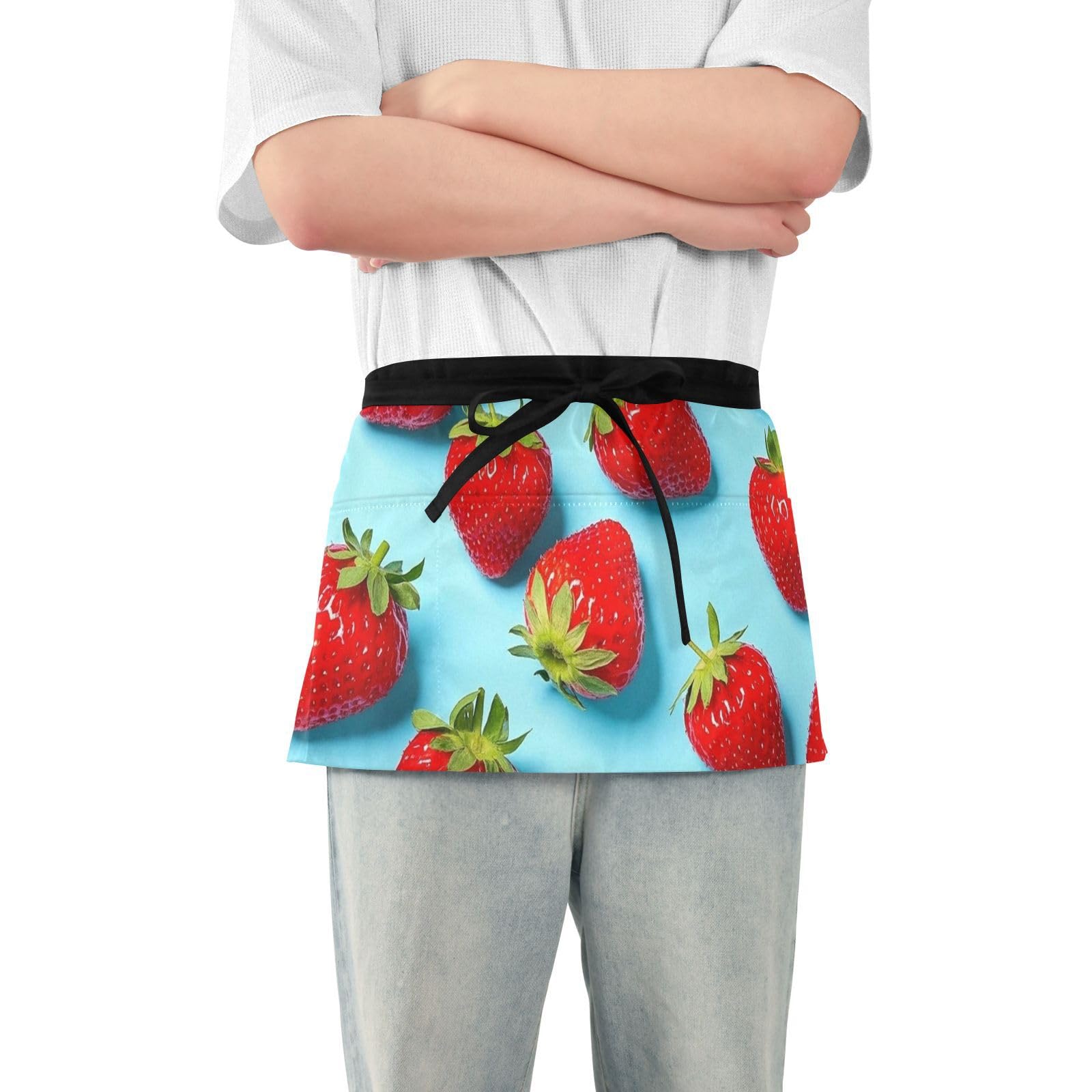 FASHON&FASCIN Server Apron with Pockets Waist Aprons Half Waitress Apron Strawberry Pattern for Gardening Restaurant,Multi10