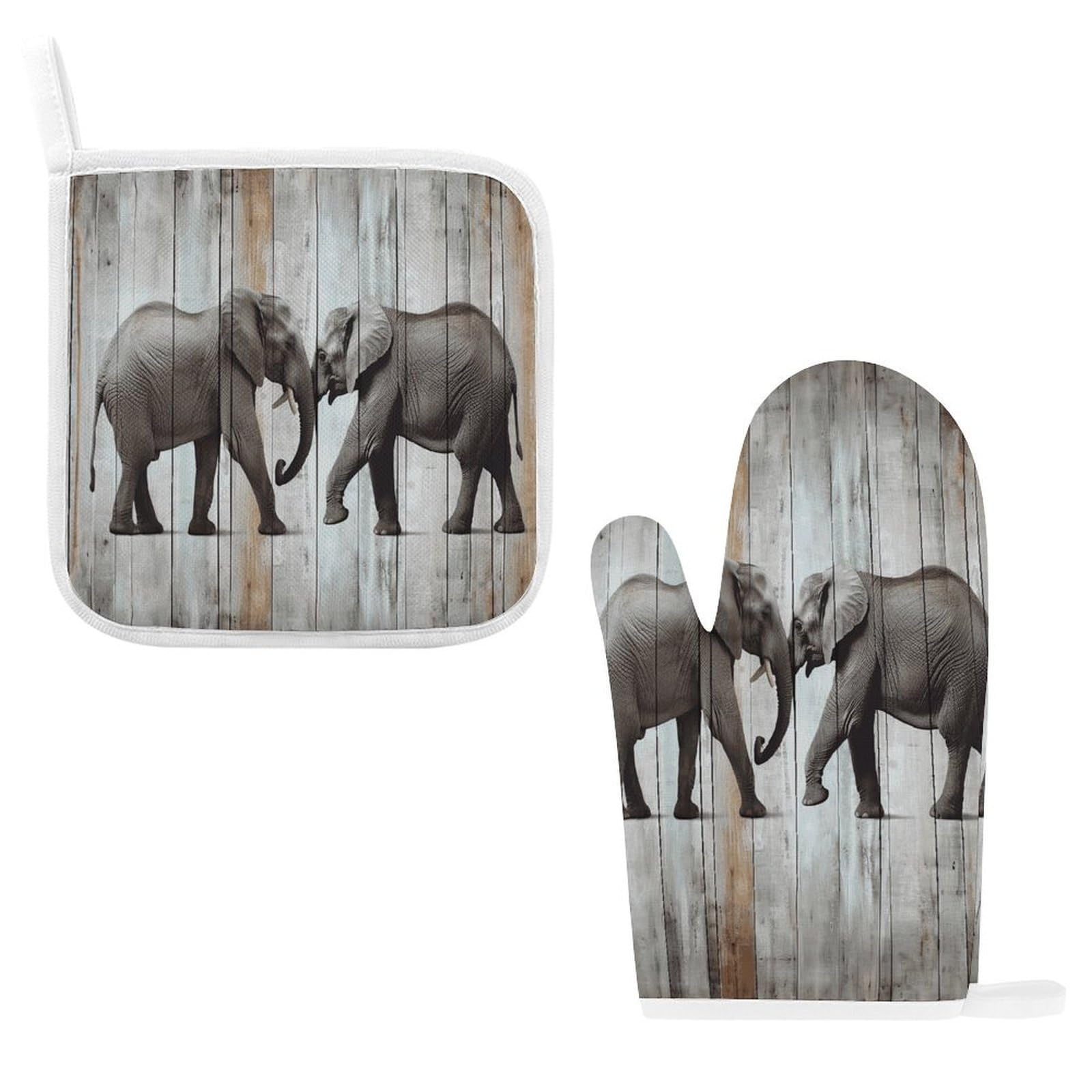 Fodpand Style Elephant On Wood Oven Mitts And Pot Holders Sets