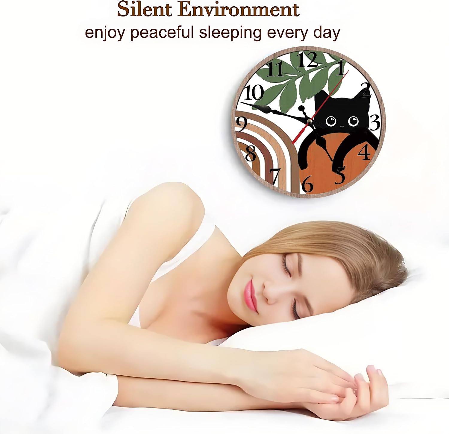 Cute Black Cat Boho Art Silent Non Ticking Wall Clock 12 Inch, Battery Operated, Round Wood Wall Clocks, Decorative for Living Room, Kitchen, Bedroom, Bathroom, Dining Room Office or Gifts