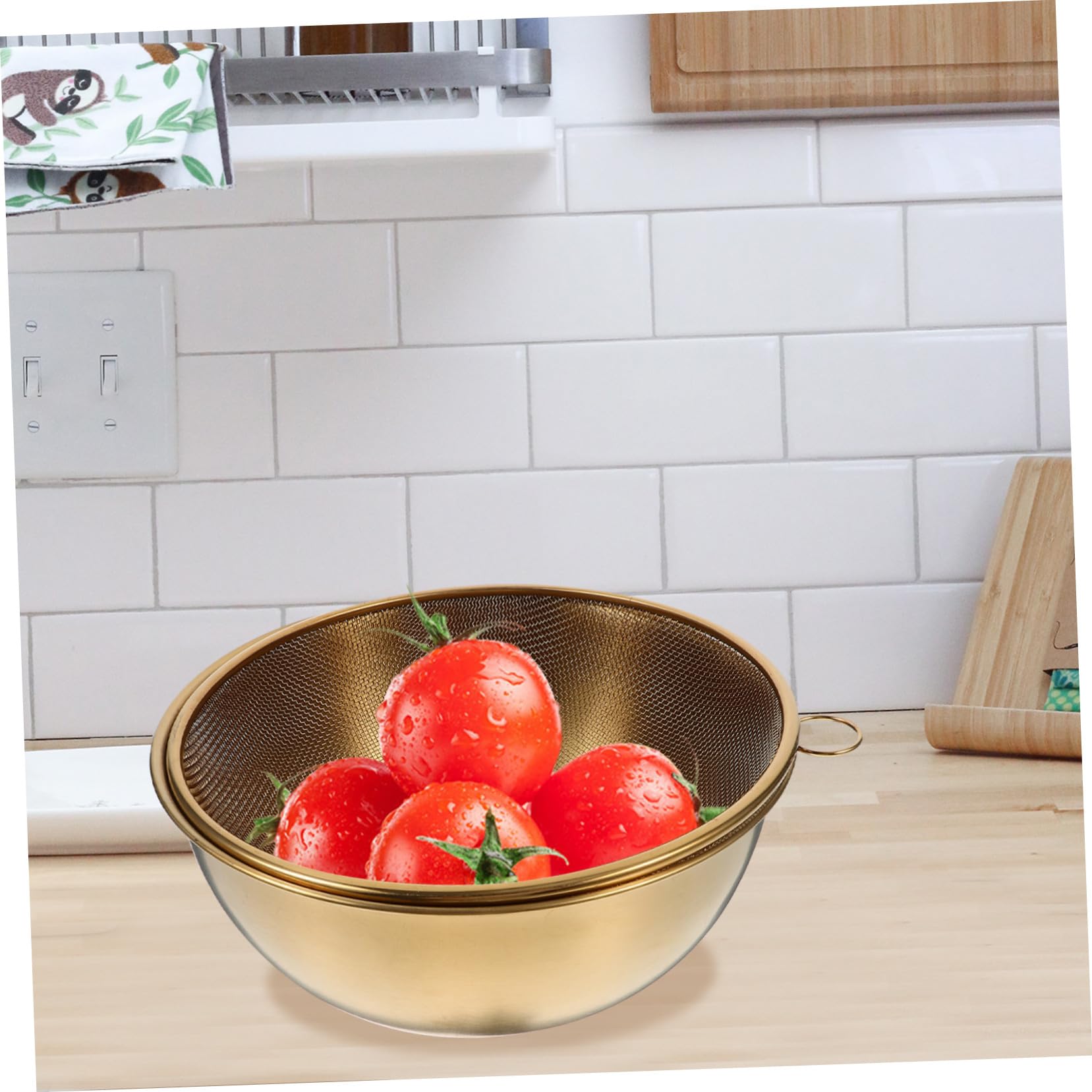 Colador de Acero Inoxidable Dorado 22cm, Juego de 2 Piezas | Cuenco para Escurrir, Malla para Arroz y Fruta, Uso Diario y Camping, Almacenamiento Práctico