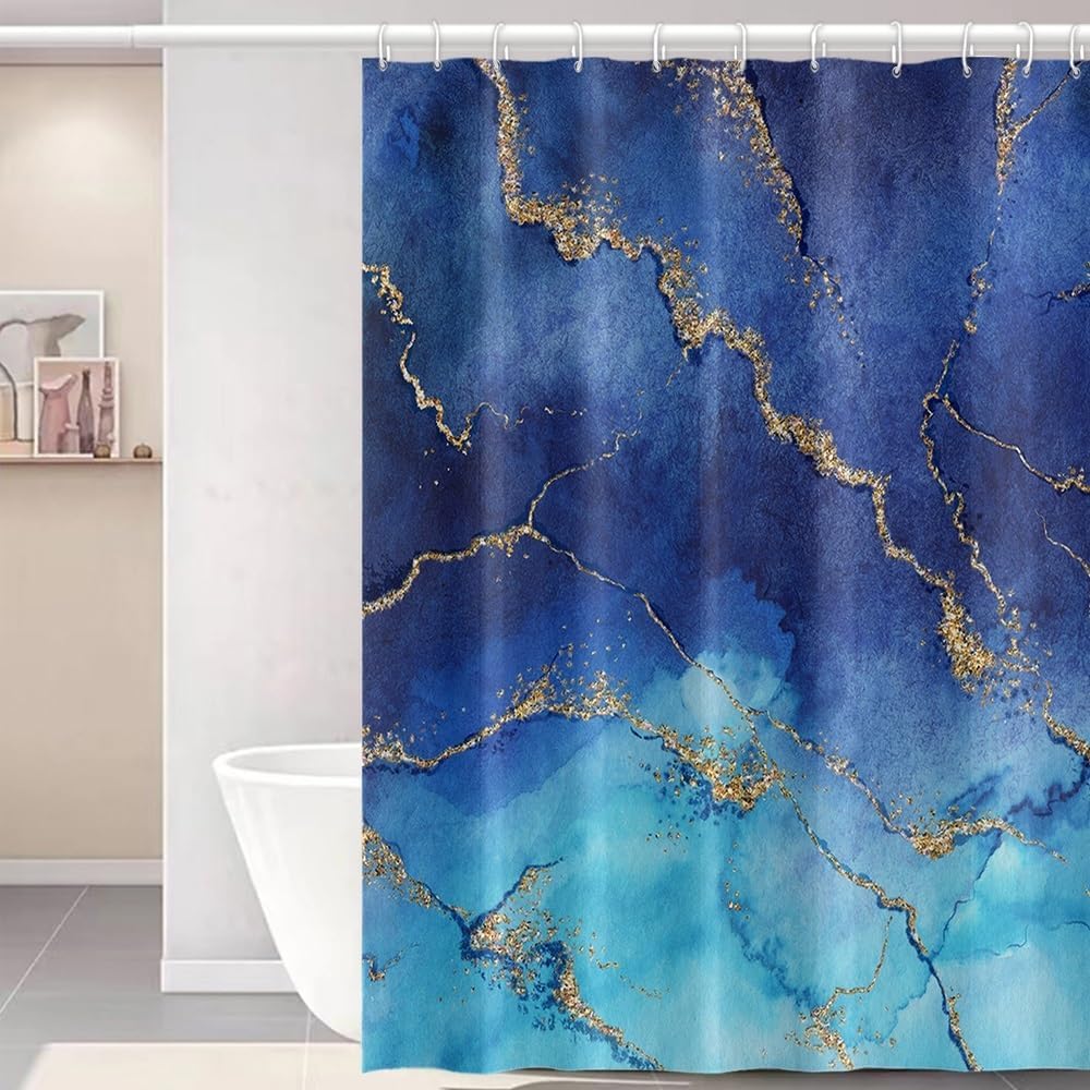 Blue Shower Curtain, Mineral Blue Marble Shower Curtains for Bathroom Hotel 72x72inches Abstract Modern Blue Shower Curtain Set Waterproof Fabric Home Decor with Hooks